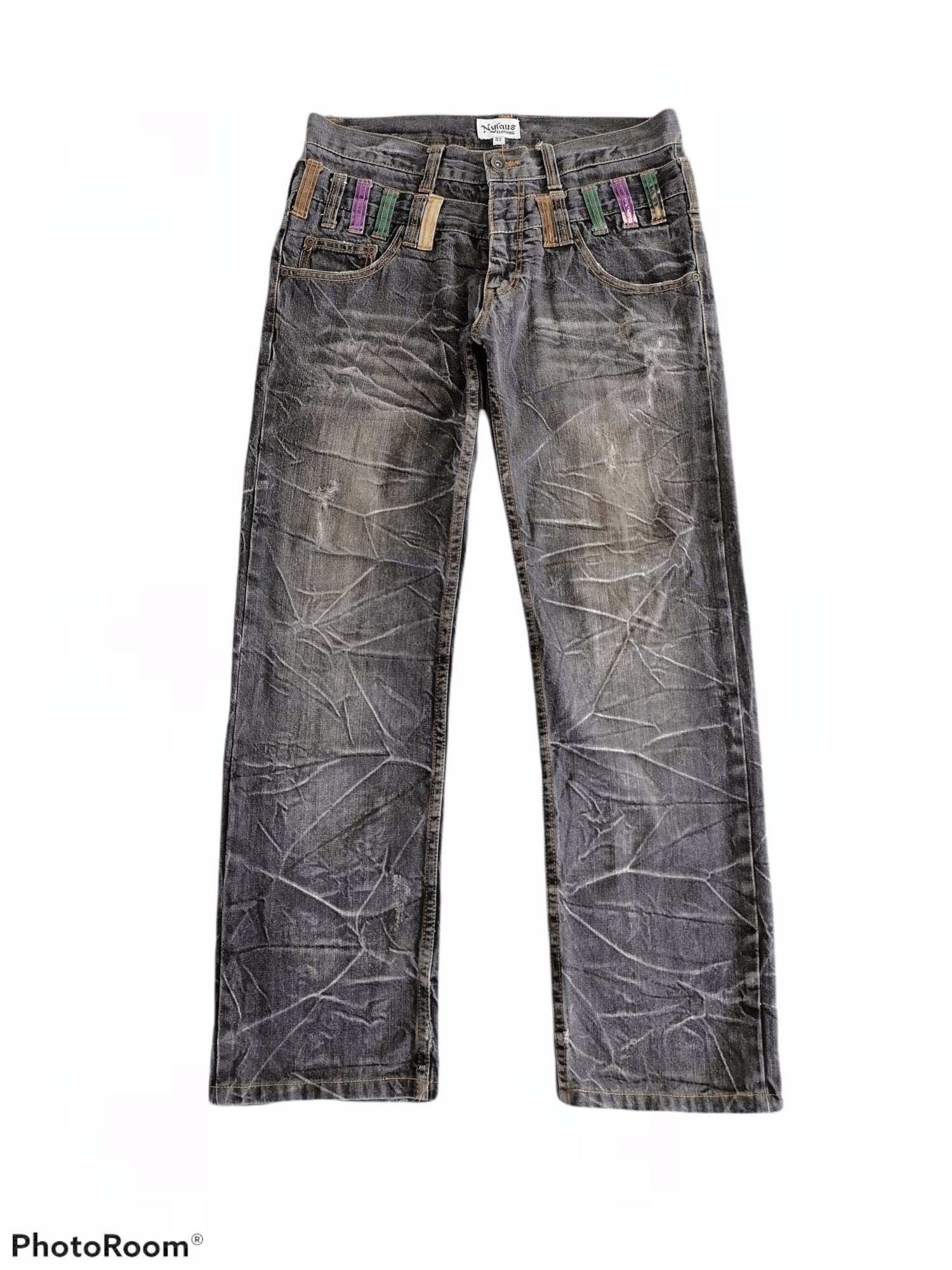 Japanese Brand Nylaus Double Waist Lightning Distressed Denim Pants Size US 32 / EU 48 - 1 Thumbnail