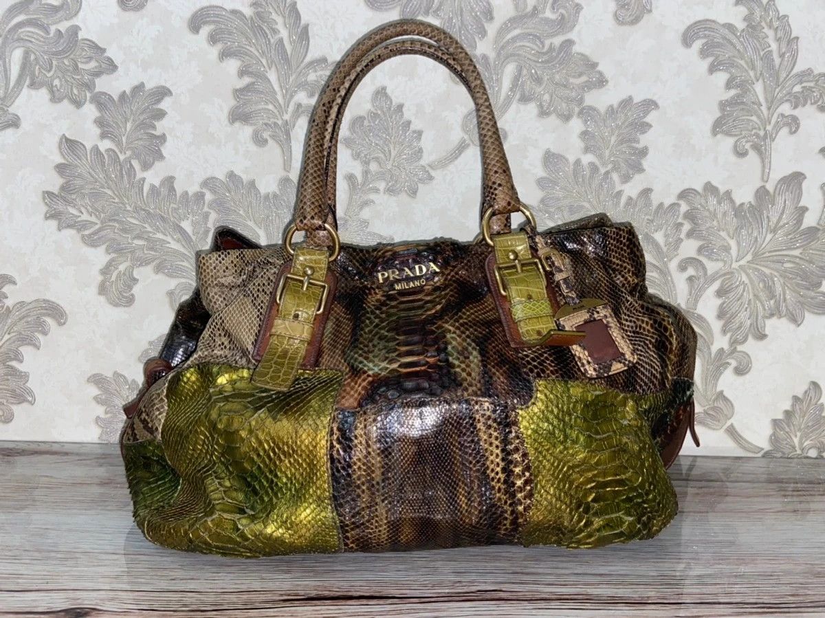 image of Prada Milano Python Crocodile Military Leather Bag in Green, Women's