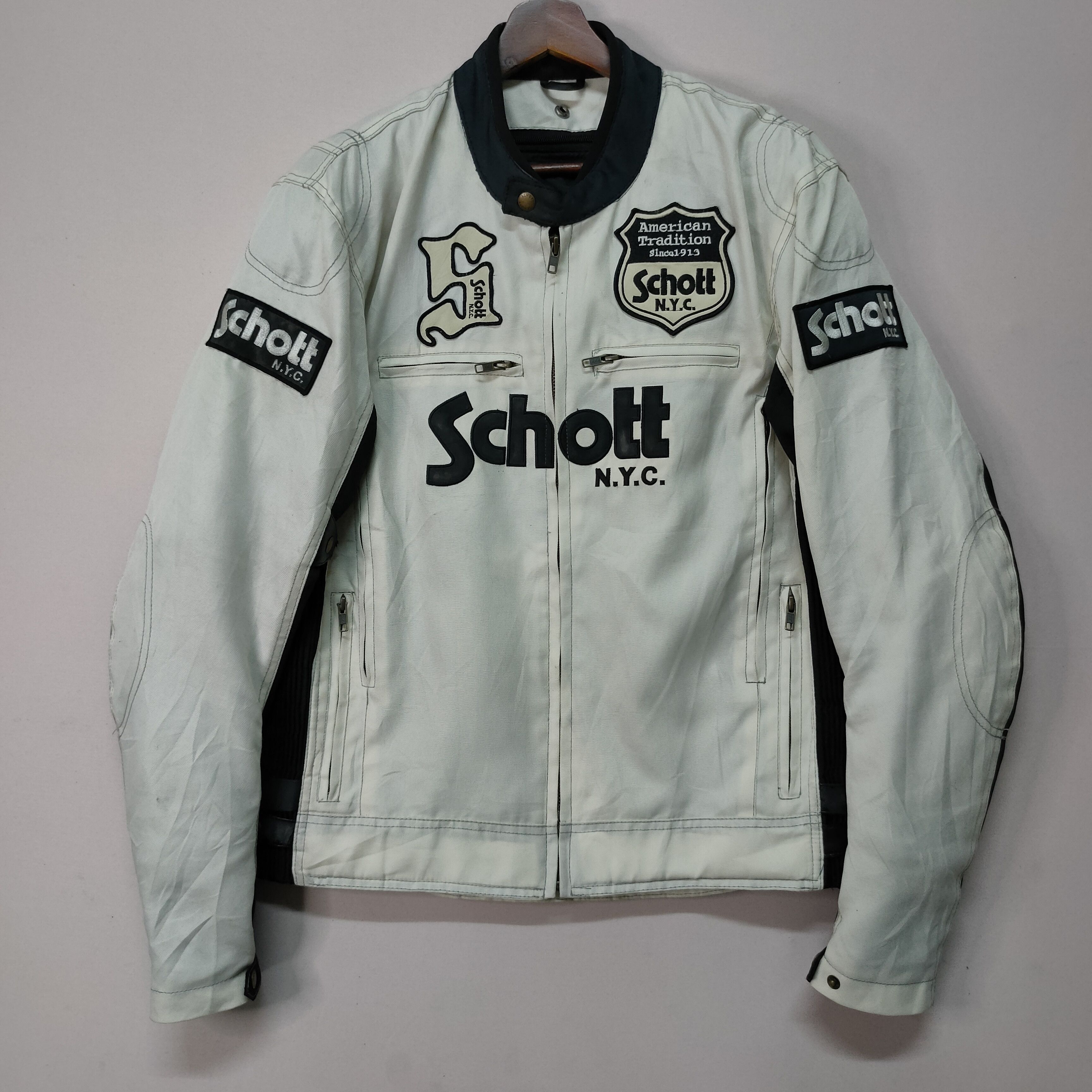 image of Vintage Schott N.y.c Big Logo Zipper Ups Bikes Jacket in White/Black, Men's (Size Medium)