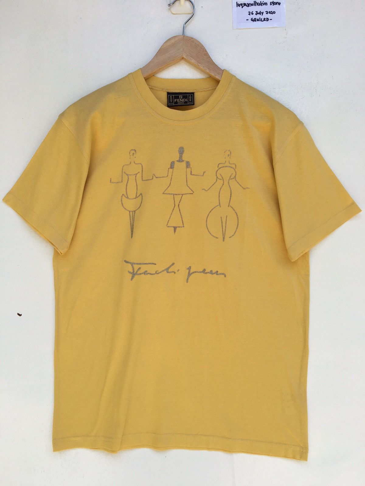 Image of Fendi Roma Italy Printed Sketches Of Women Dress Tshirt in Yellow (Size Small)