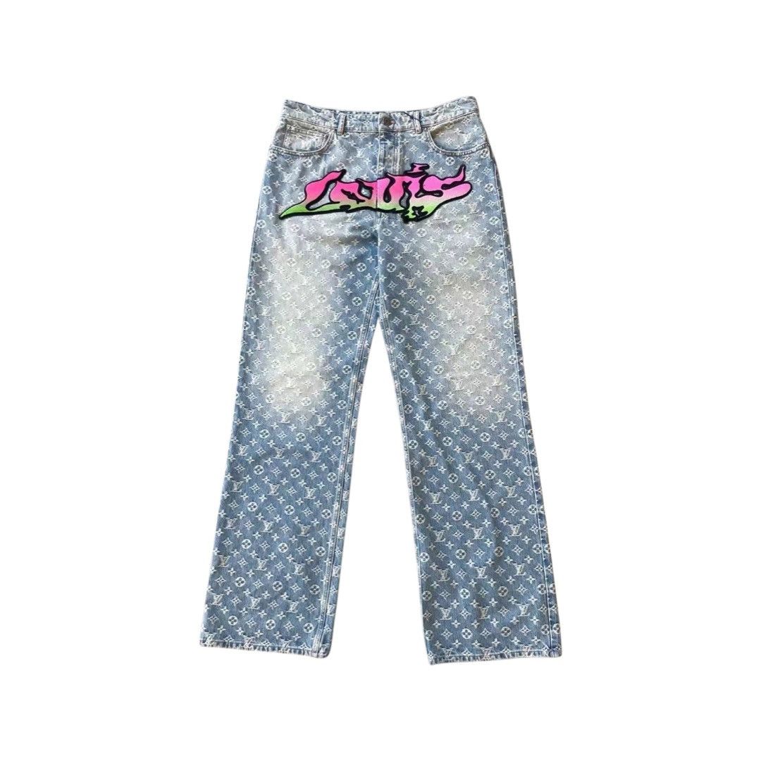 image of Louis Vuitton Graffiti Monogram Baggy Denim Jeans in Blue, Men's (Size 30)