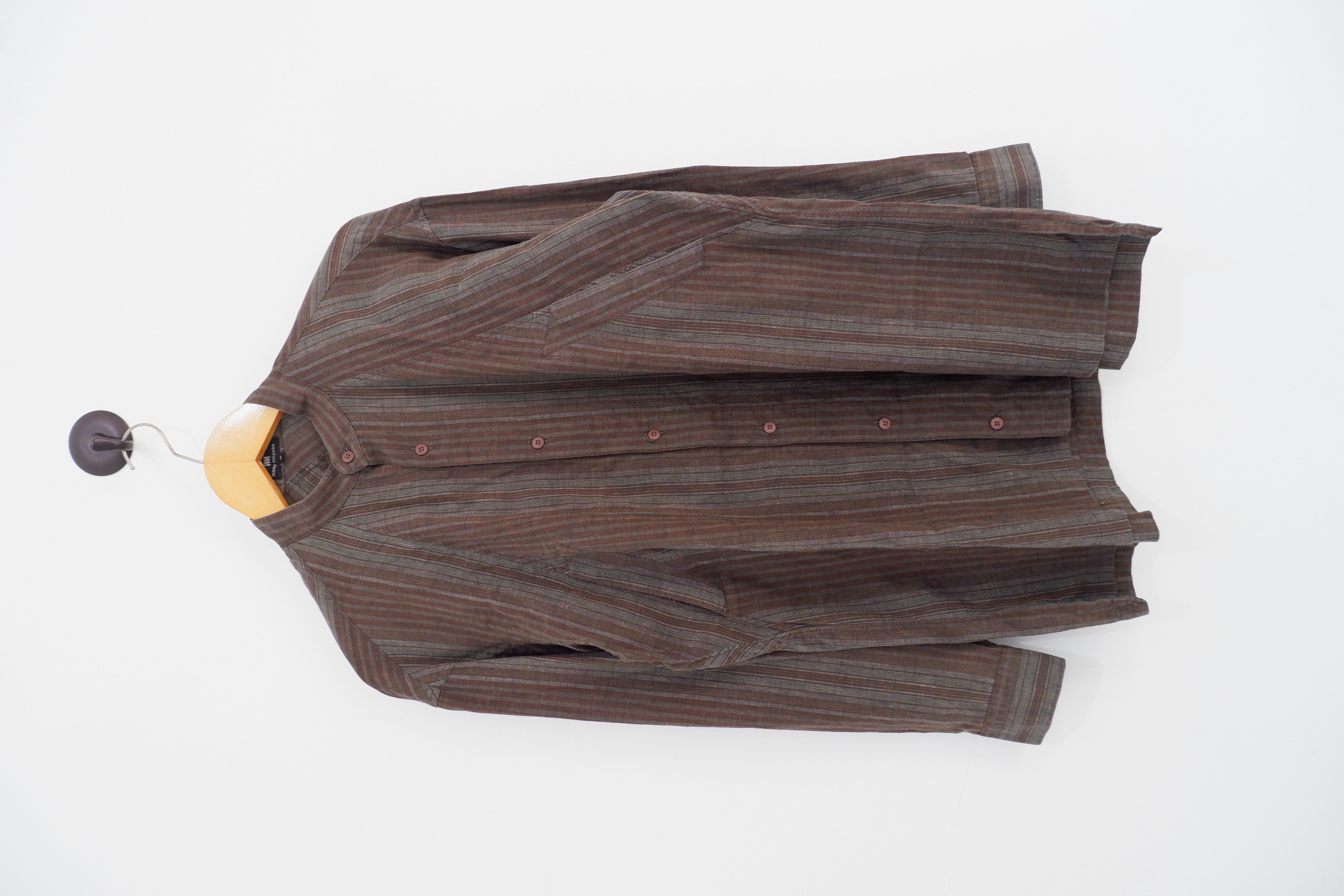 image of Vintage Issey Miyake Asymetric Pocket Mandarin Collar Shirt in Striped, Men's (Size Small)