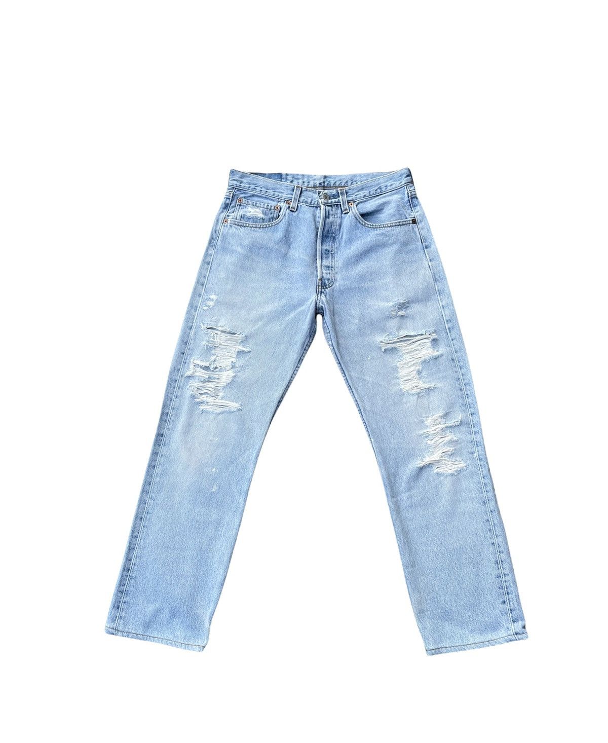 Le Grande Bleu (L.G.B.) Levis 501 e Usa Vintage 1995 Aging Distressed Denim Size US 30 / EU 46 - 1 Thumbnail