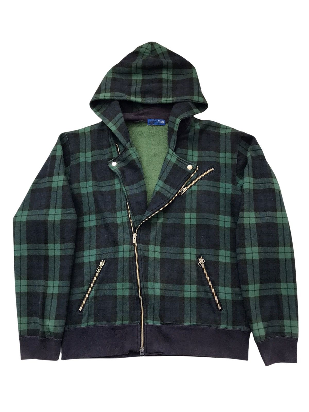 Beams Double Collar Zip Up Checkered Hoodie