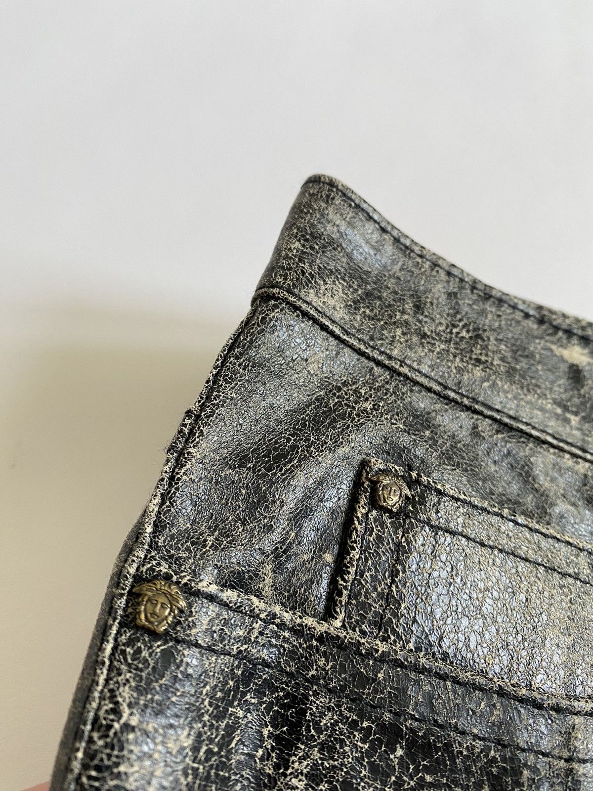 Versace × Versace Jeans Couture Vintage Versace BNWT Distressed Leather Flared Pants Size US 29 - 12 Thumbnail
