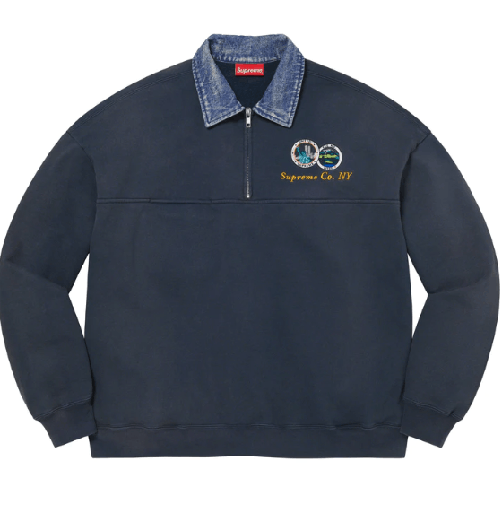 image of Supreme Denim Collar Half Zip Sweatshirt Navy Medium, Men's