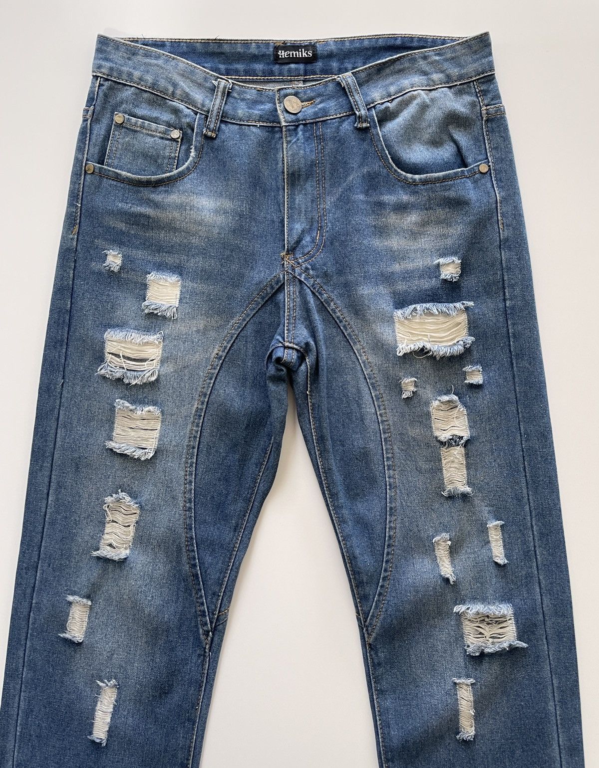 Japanese Brand Hemiks Distressed Blue Denim Size US 33 - 6 Thumbnail