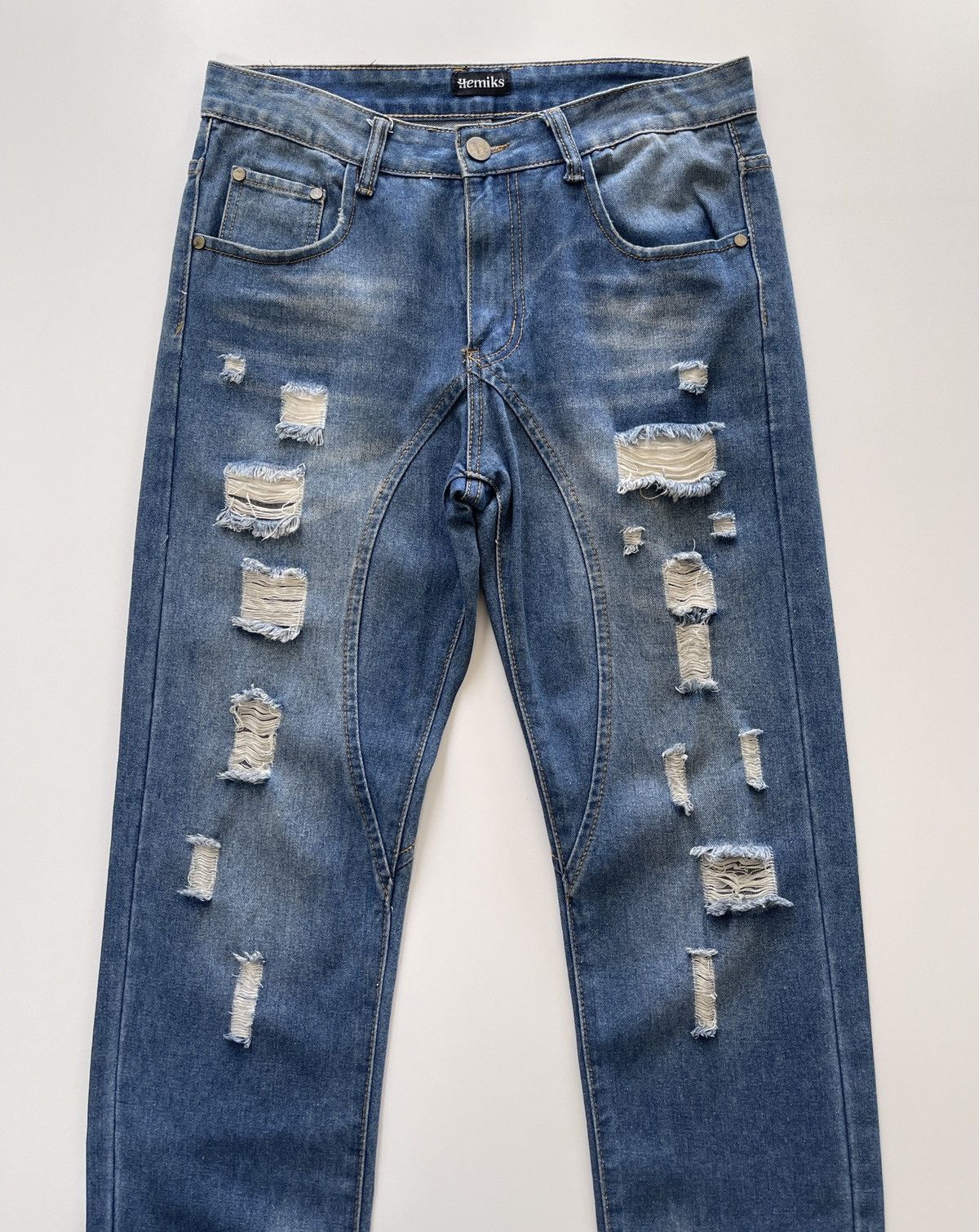 Japanese Brand Hemiks Distressed Blue Denim Size US 33 - 3 Thumbnail