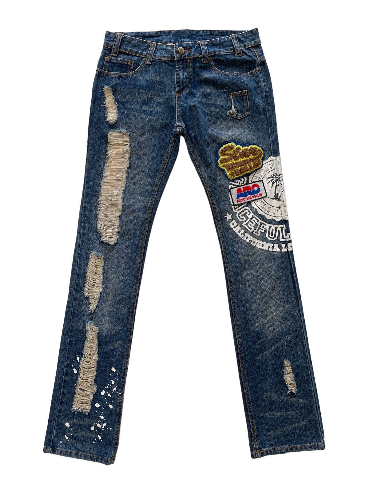 Japanese Brand Rollin Distressed Patched Slim Fit Denim Size 31" - 1 Thumbnail