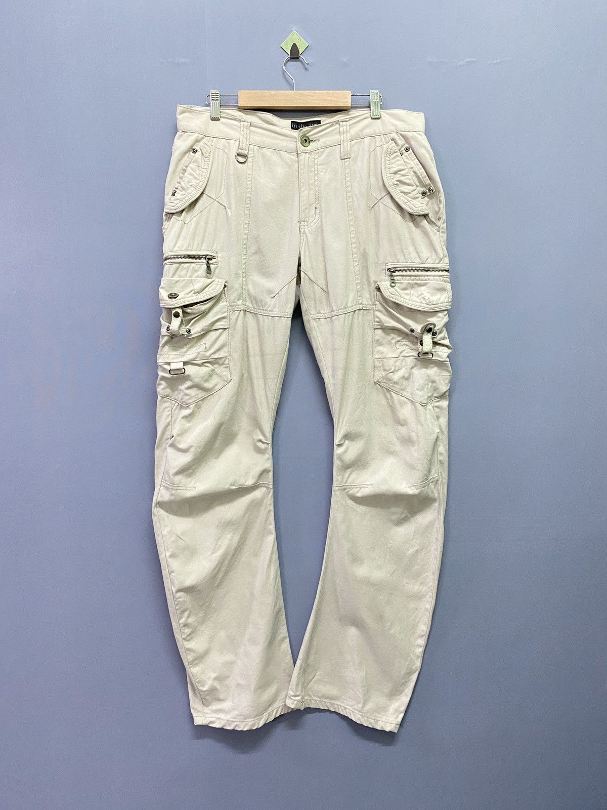 image of Cargo In The Attic Multipocket Distressed Curve Leg Pants in Cream/White, Men's (Size 33)