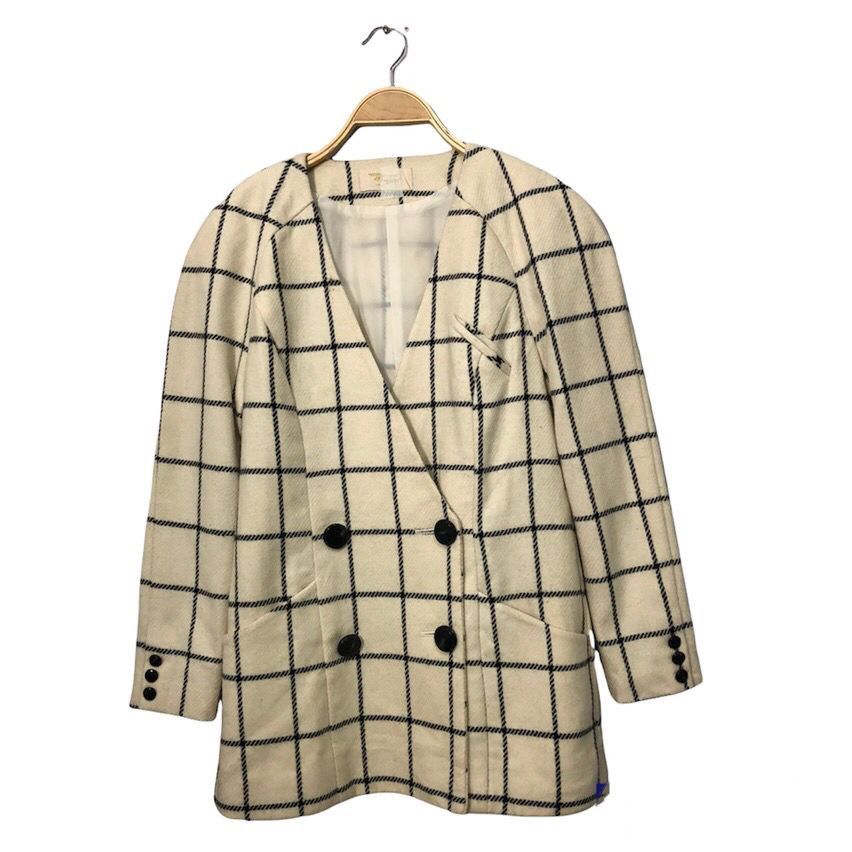 image of Vintage Top Harajuku Tokyo Plaid Blazer Coat Jacket in White Cream, Women's (Size Small)