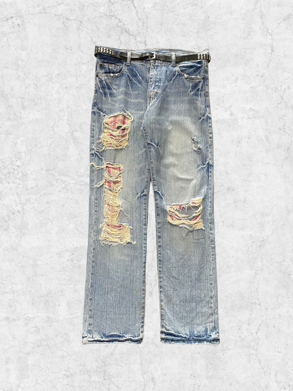 image of Vintage Japan Designer Torn Distressed Inspiration Denim With Belt in Light Wash Blue (Size 31)