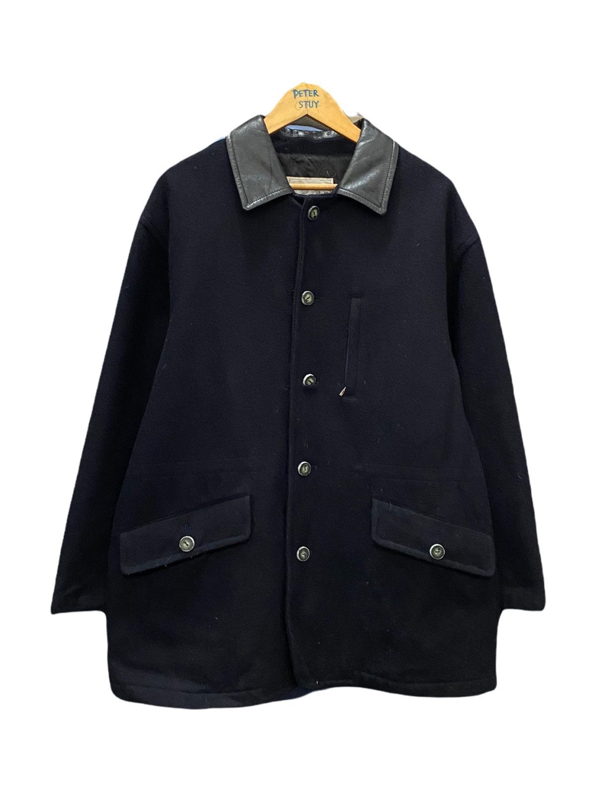 image of Macbeth Mac Beth Leather Collar Over Size Wool Jacket in Dark Blue, Men's