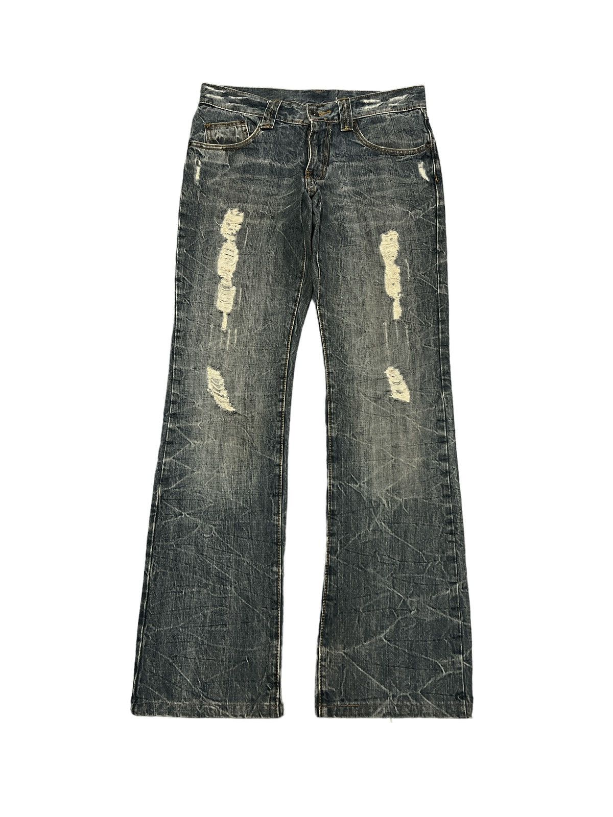 Japanese Brand × Vintage FLARED💥THRASHED SEMANTIC DESIGN RIPPED DENIM PANT Size US 30 / EU 46 - 1 Thumbnail