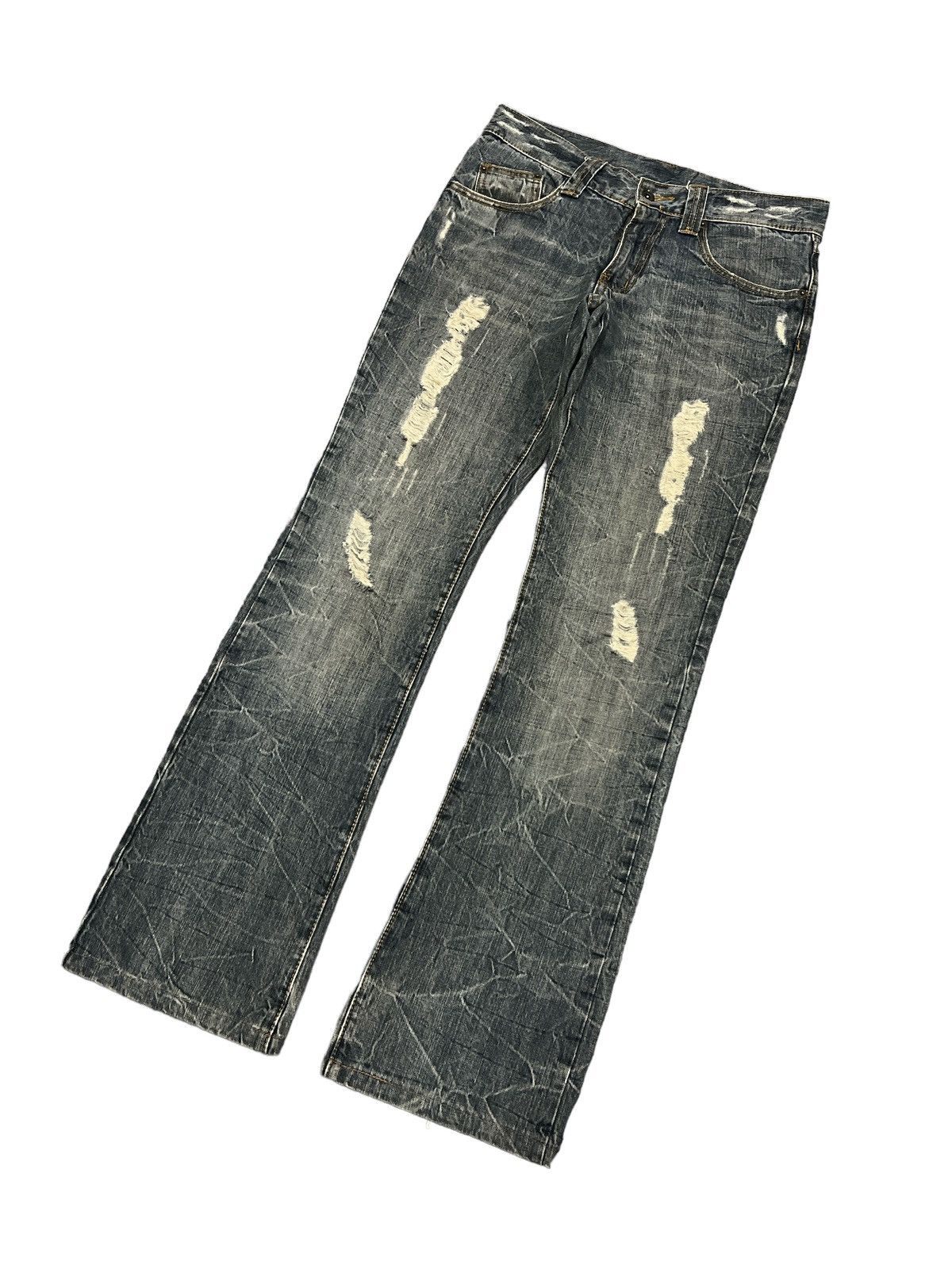 Japanese Brand × Vintage FLARED💥THRASHED SEMANTIC DESIGN RIPPED DENIM PANT Size US 30 / EU 46 - 6 Thumbnail