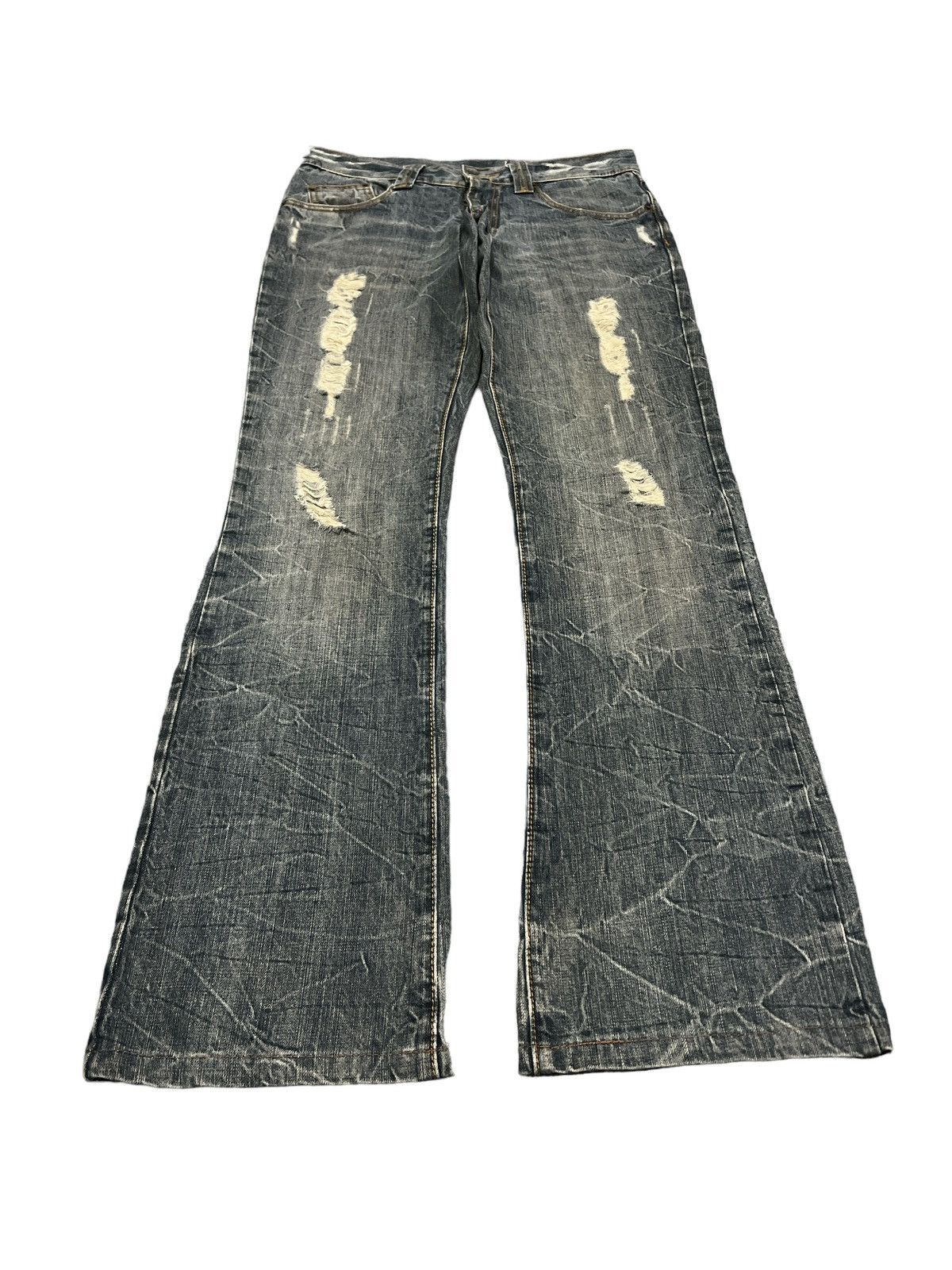 Japanese Brand × Vintage FLARED💥THRASHED SEMANTIC DESIGN RIPPED DENIM PANT Size US 30 / EU 46 - 4 Thumbnail