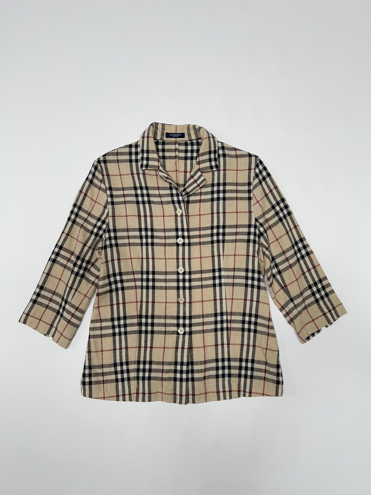 image of Burberry London Vintage Linen Wool Shirt Plaid Nova Check, Women's (Size XL)