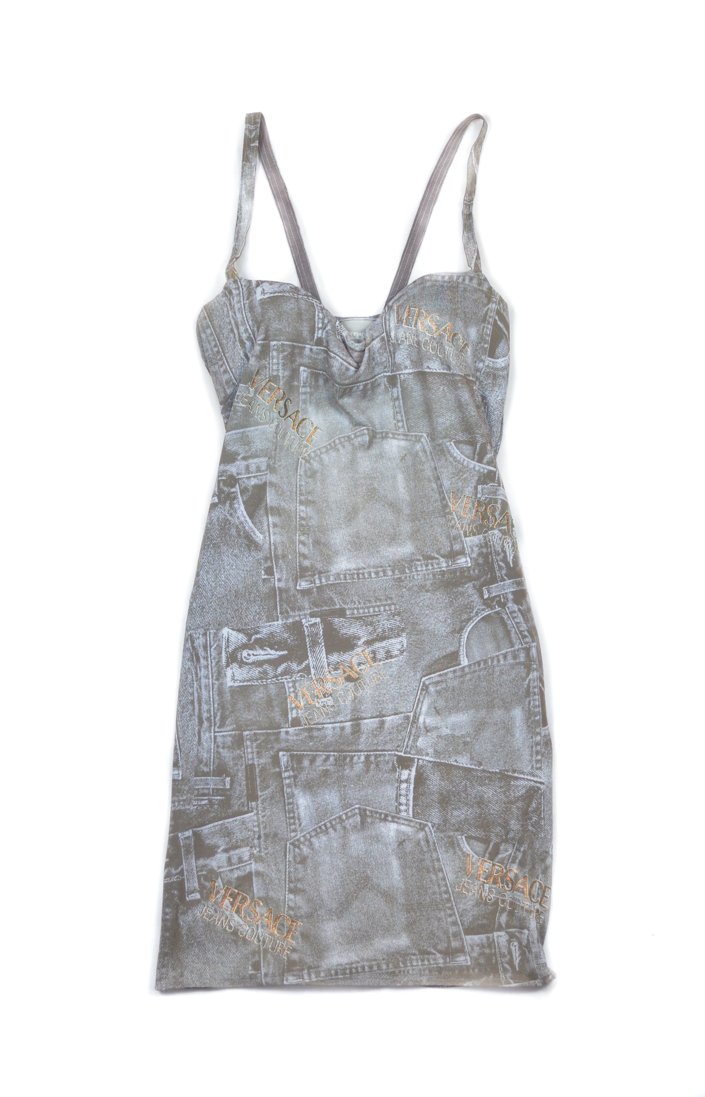 image of Iconic Versace Dress Printed "denim" in Blue, Women's (Size Small)