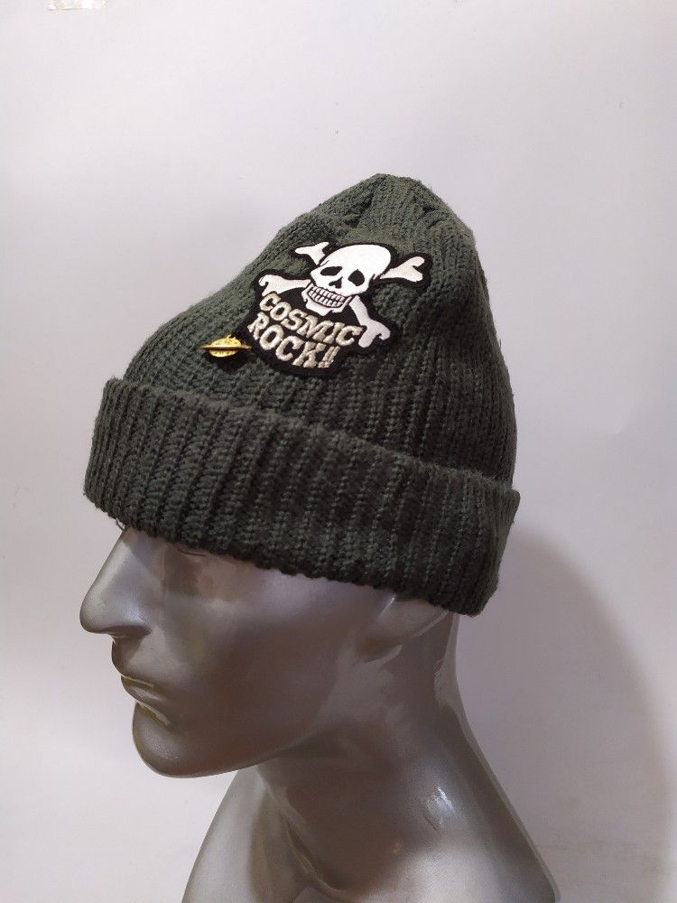 image of Cosmic Rock Skull Beanie Punk Bondage Design Hats in Olive, Men's