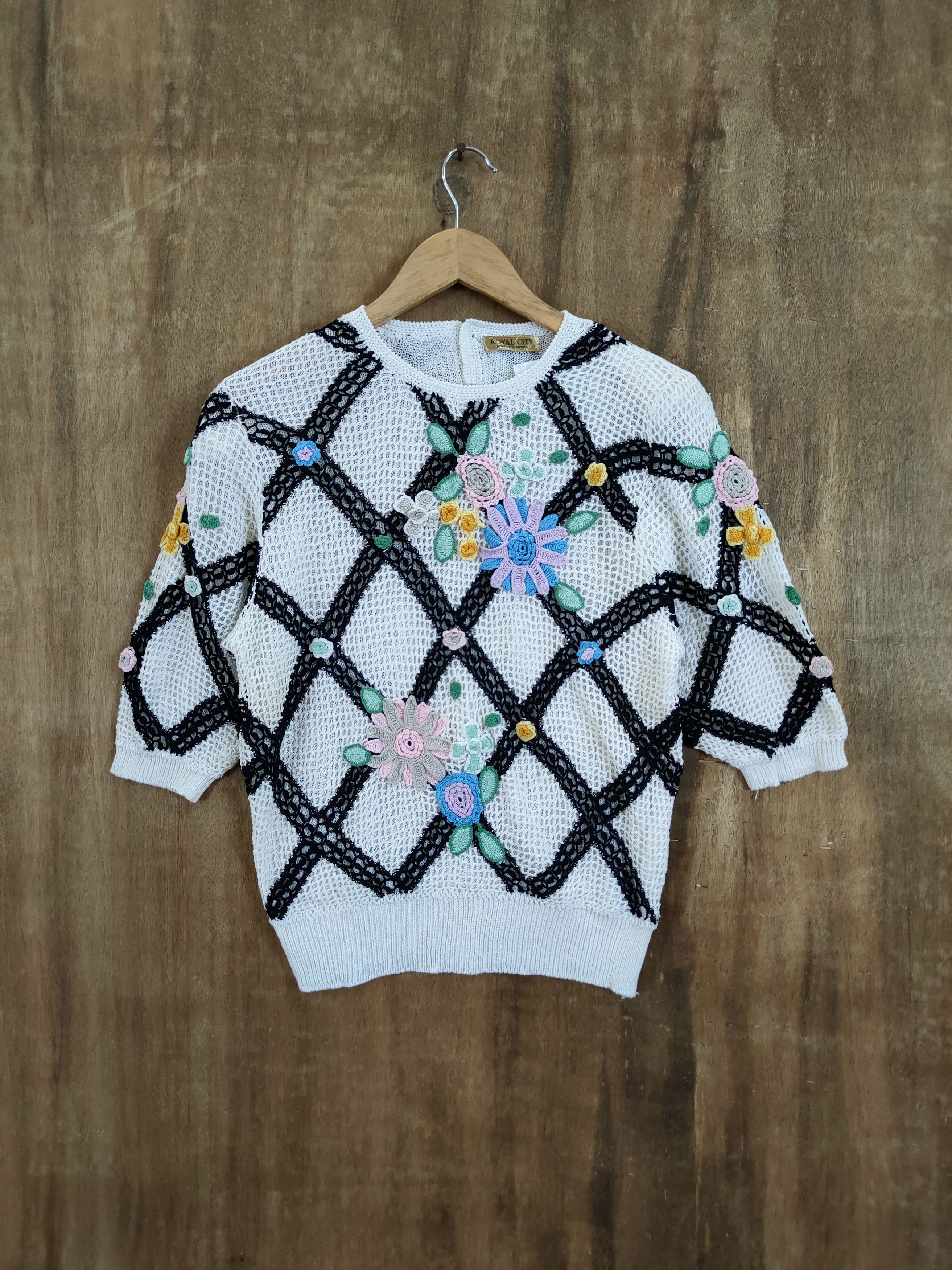 image of Coloured Cable Knit Sweater x Vintage Royal City Flower Mesh Net Knitwear Japan 46-978 in White, Wo
