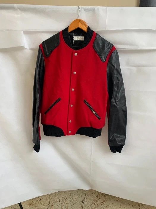 image of Saint Laurent Paris “Heaven” Teddy Bomber Jacket In Red Wool & Black Leather in Black Red (Size Med