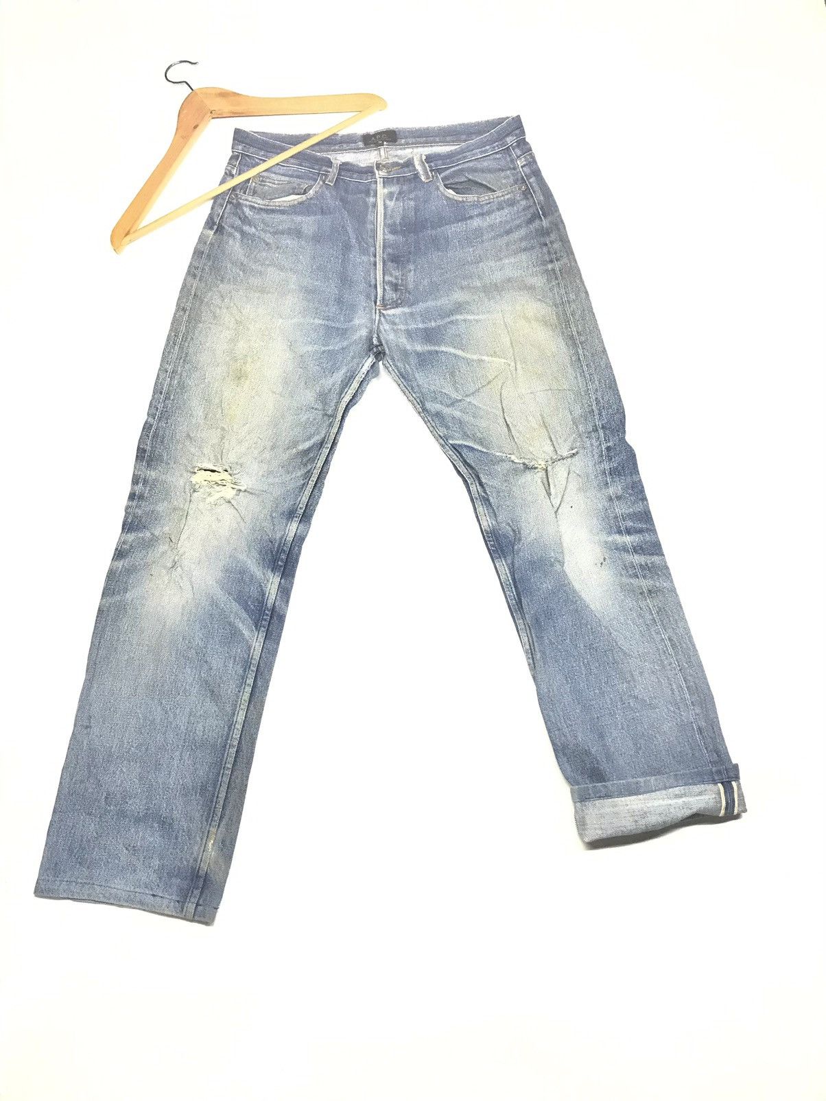image of A P C x Distressed Denim Vintage Selvage Blue Wash Distressed Denim, Men's (Size 32)