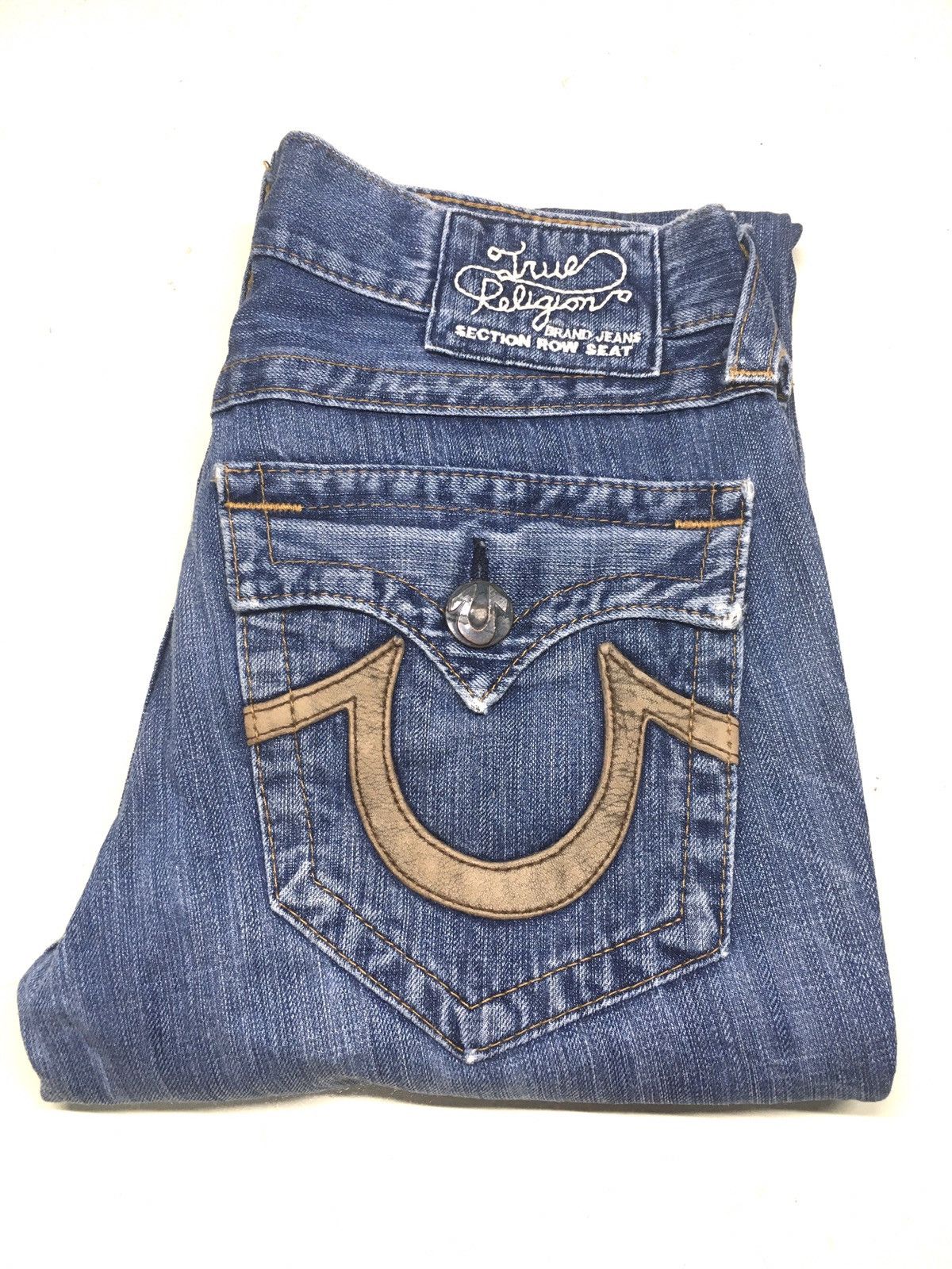 True Religion × Vintage TR Flare leather trim arcuate backpocket distresed denim Size US 29 - 1 Thumbnail