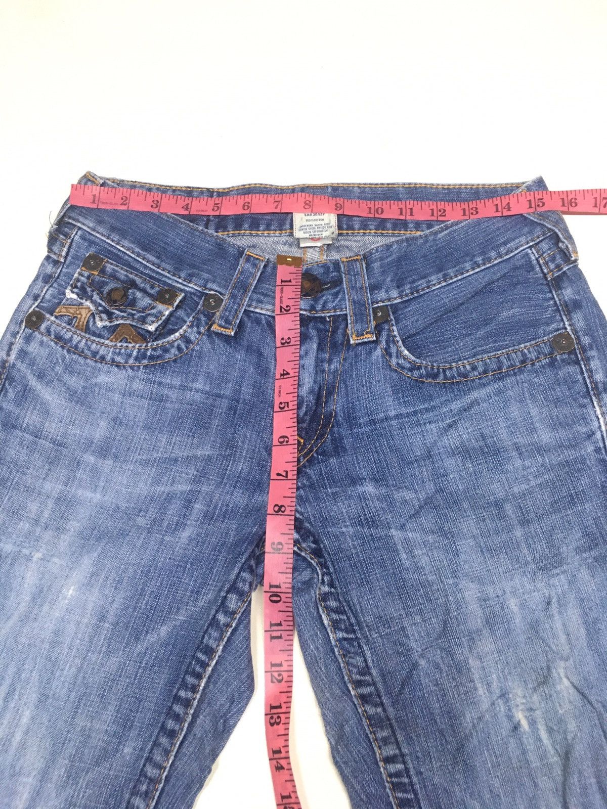 True Religion × Vintage TR Flare leather trim arcuate backpocket distresed denim Size US 29 - 3 Thumbnail