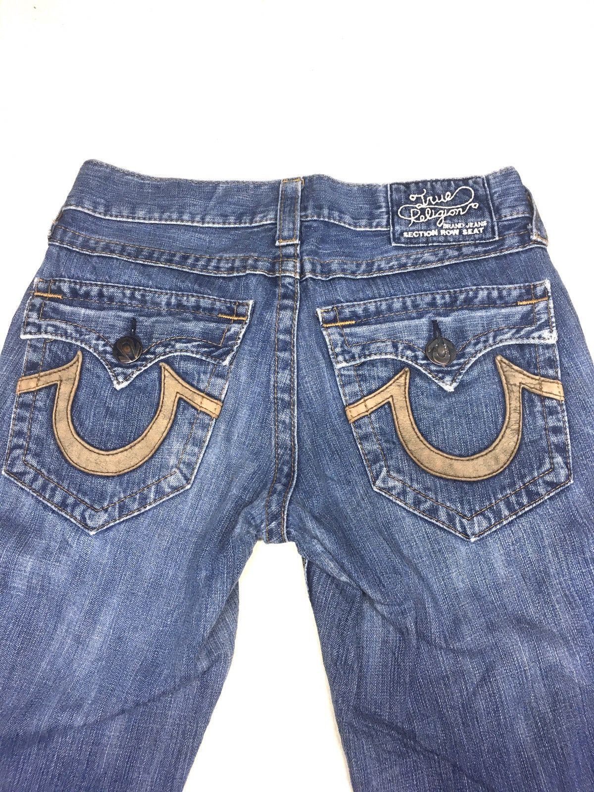 True Religion × Vintage TR Flare leather trim arcuate backpocket distresed denim Size US 29 - 8 Thumbnail