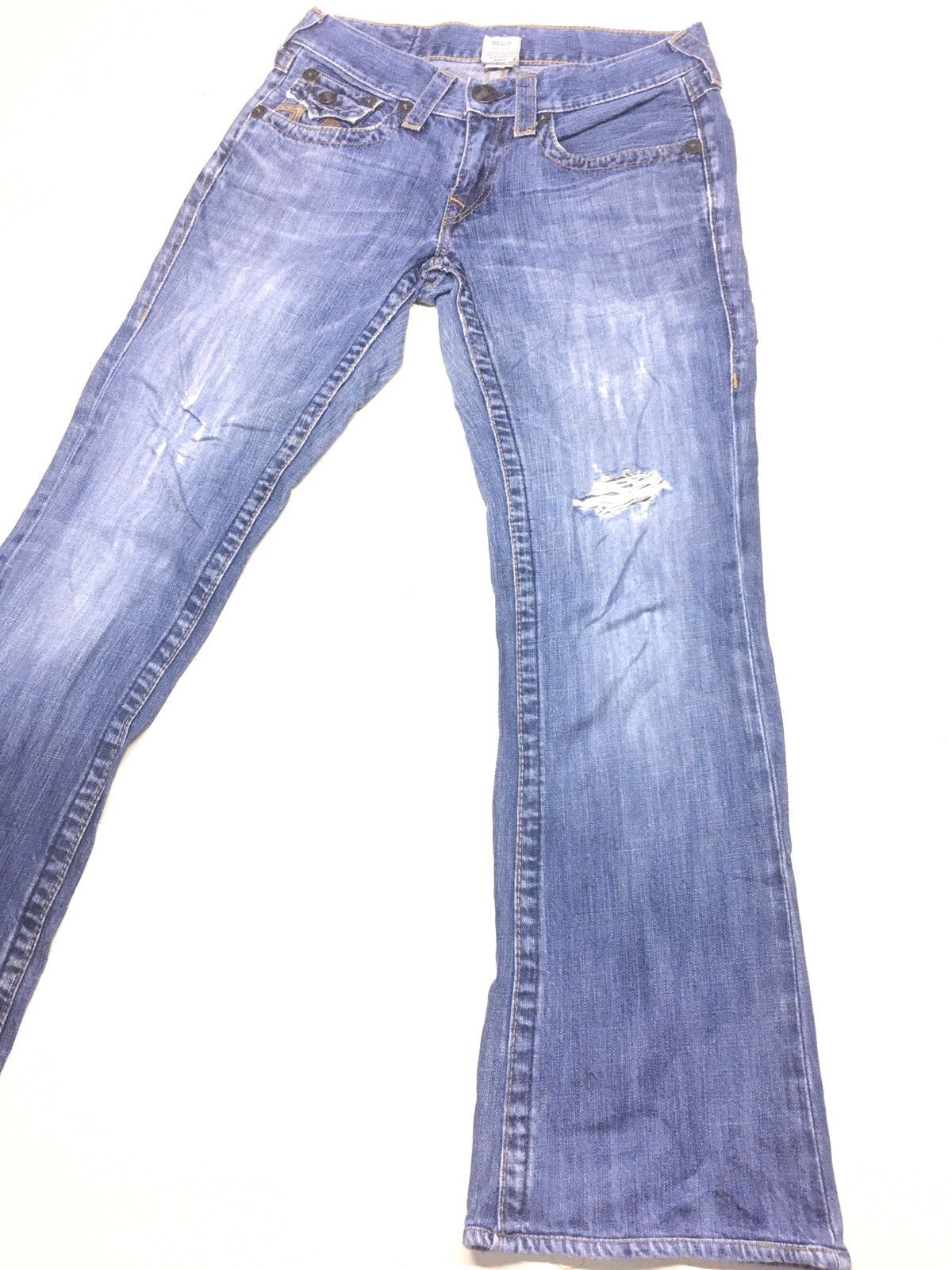 True Religion × Vintage TR Flare leather trim arcuate backpocket distresed denim Size US 29 - 6 Thumbnail