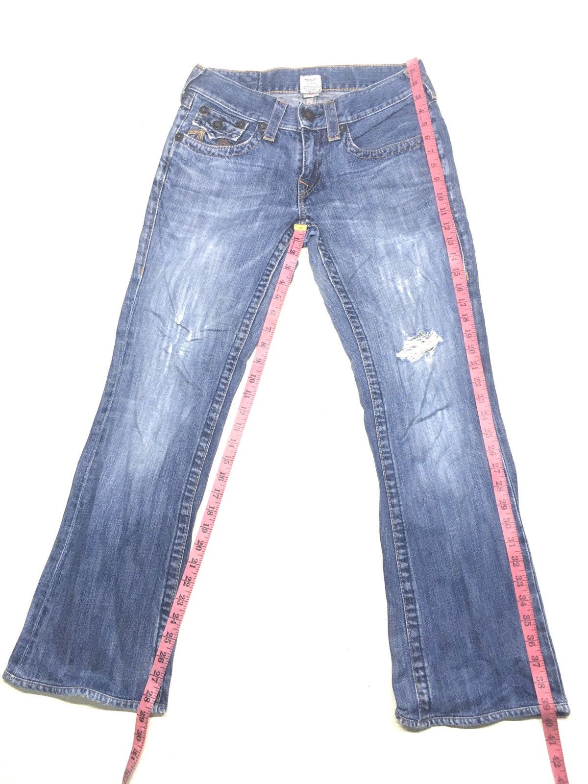 True Religion × Vintage TR Flare leather trim arcuate backpocket distresed denim Size US 29 - 4 Thumbnail