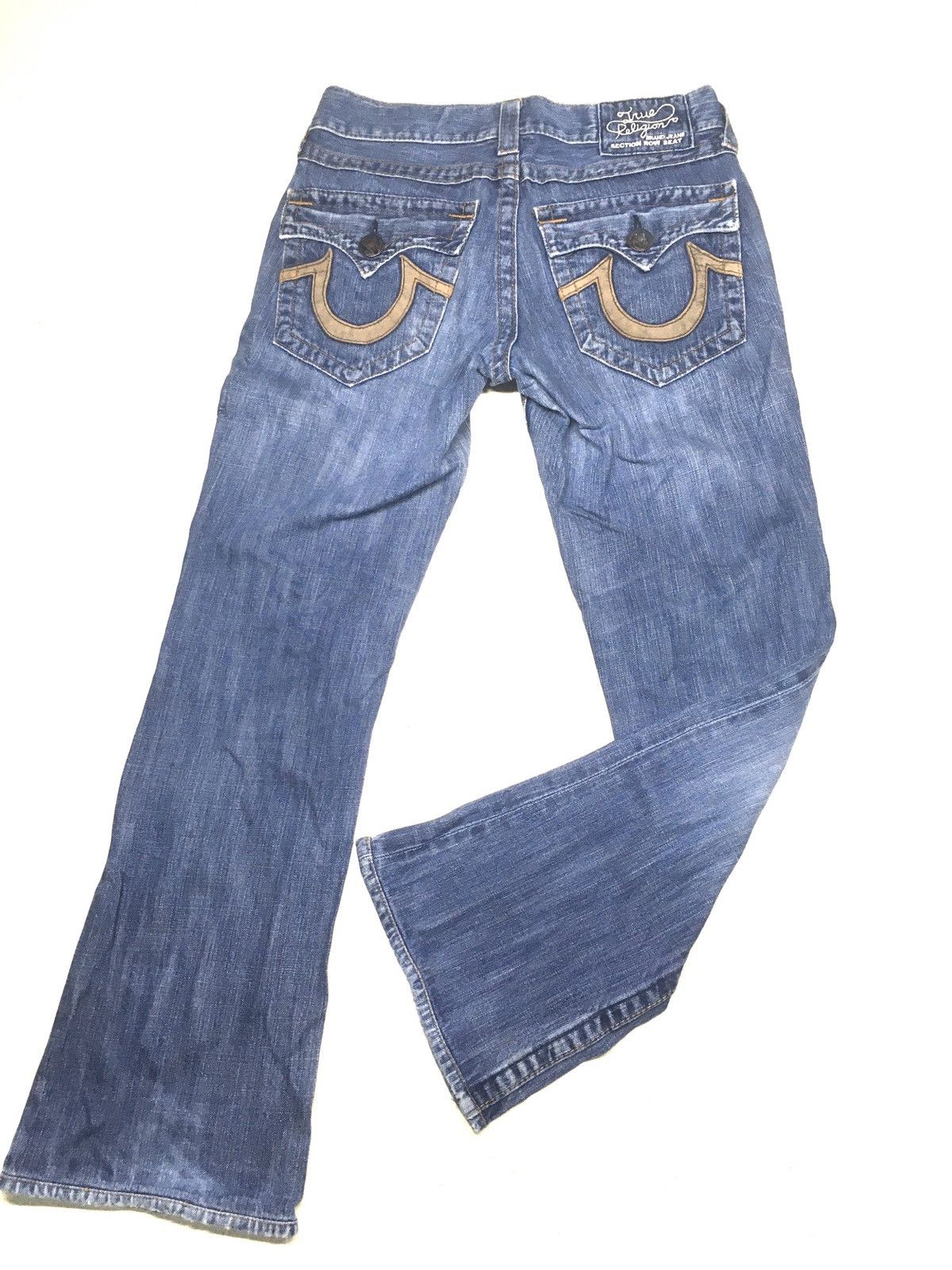 True Religion × Vintage TR Flare leather trim arcuate backpocket distresed denim Size US 29 - 2 Thumbnail