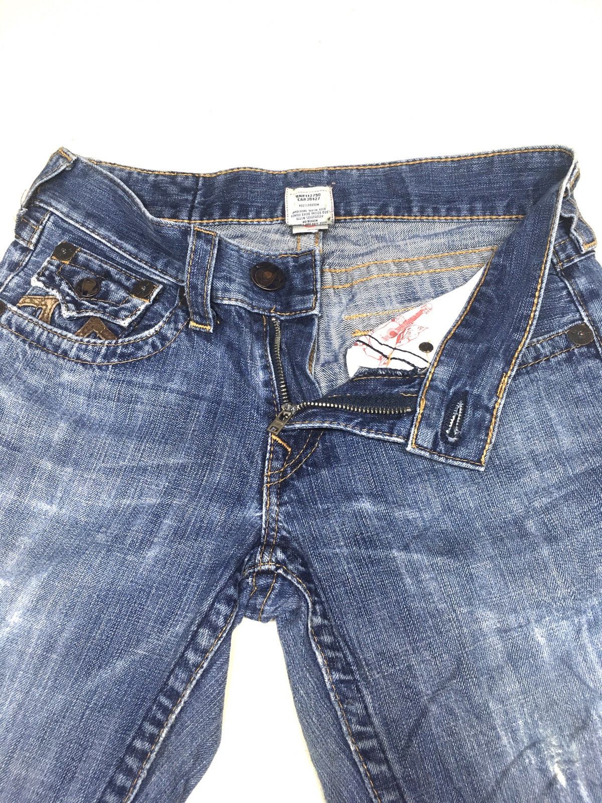 True Religion × Vintage TR Flare leather trim arcuate backpocket distresed denim Size US 29 - 7 Thumbnail