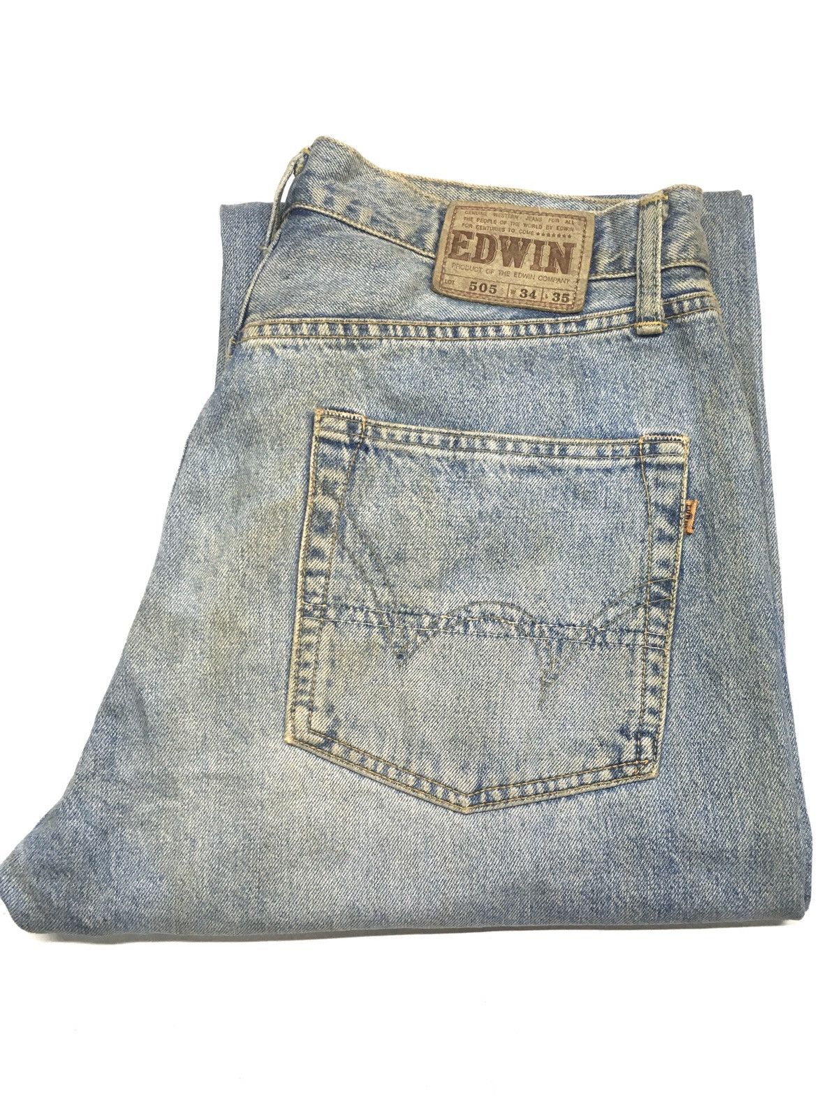 image of Distressed Denim x Edwin Vintage Selvedge Edwin 505 Rusty Blue Wash Distresed Denim, Men's (Size 34