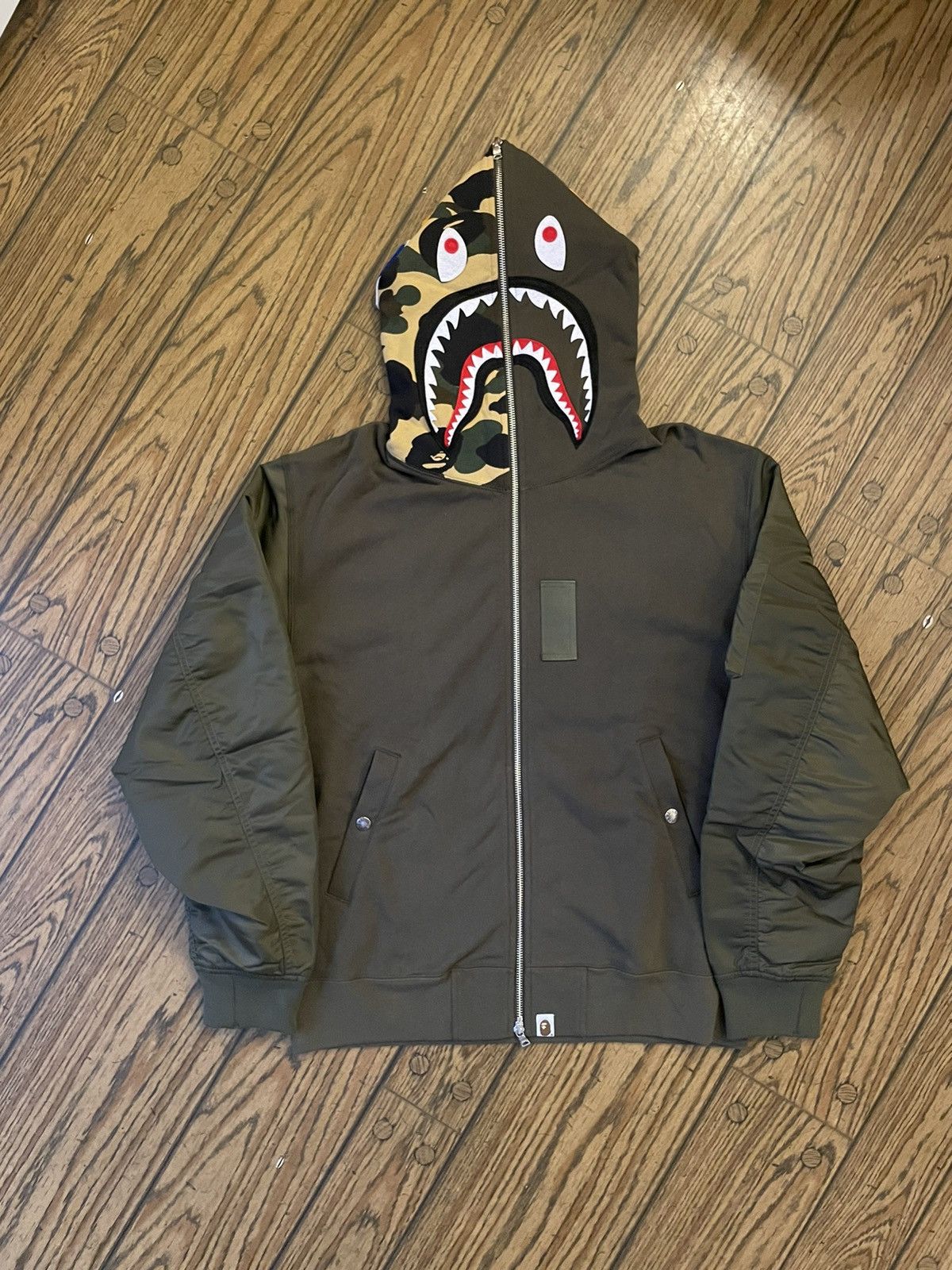 image of Bape Olive Military Shark Full Zip Hoodie in Green, Men's (Size XL)