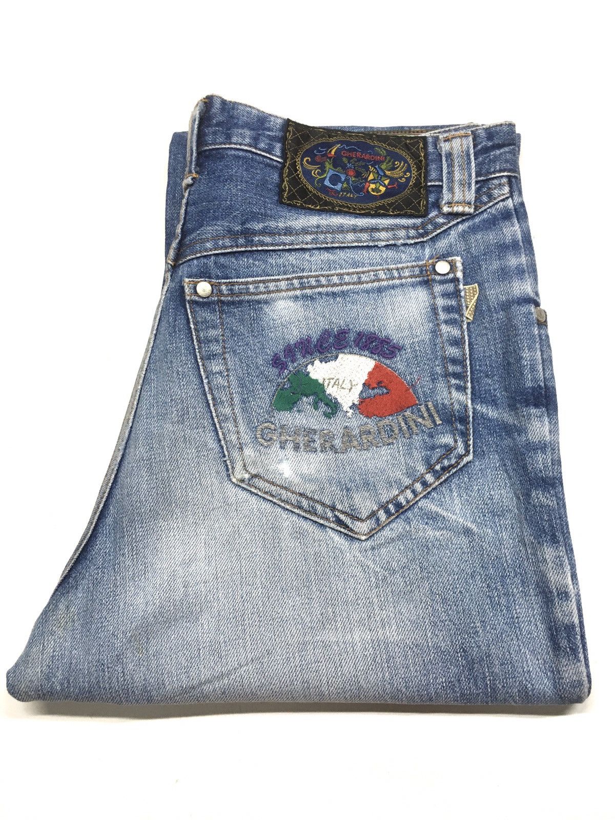 image of Italian Designers Gherardini Italy Embroidery Blue Wash Distressed Denim, Men's (Size 30)