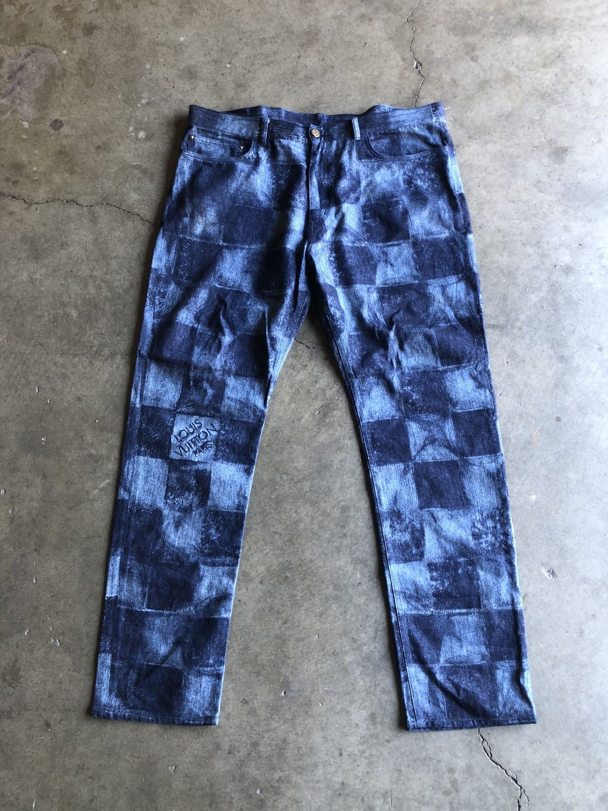 image of Louis Vuitton Salt Damier Pants in Blue, Men's (Size 40)