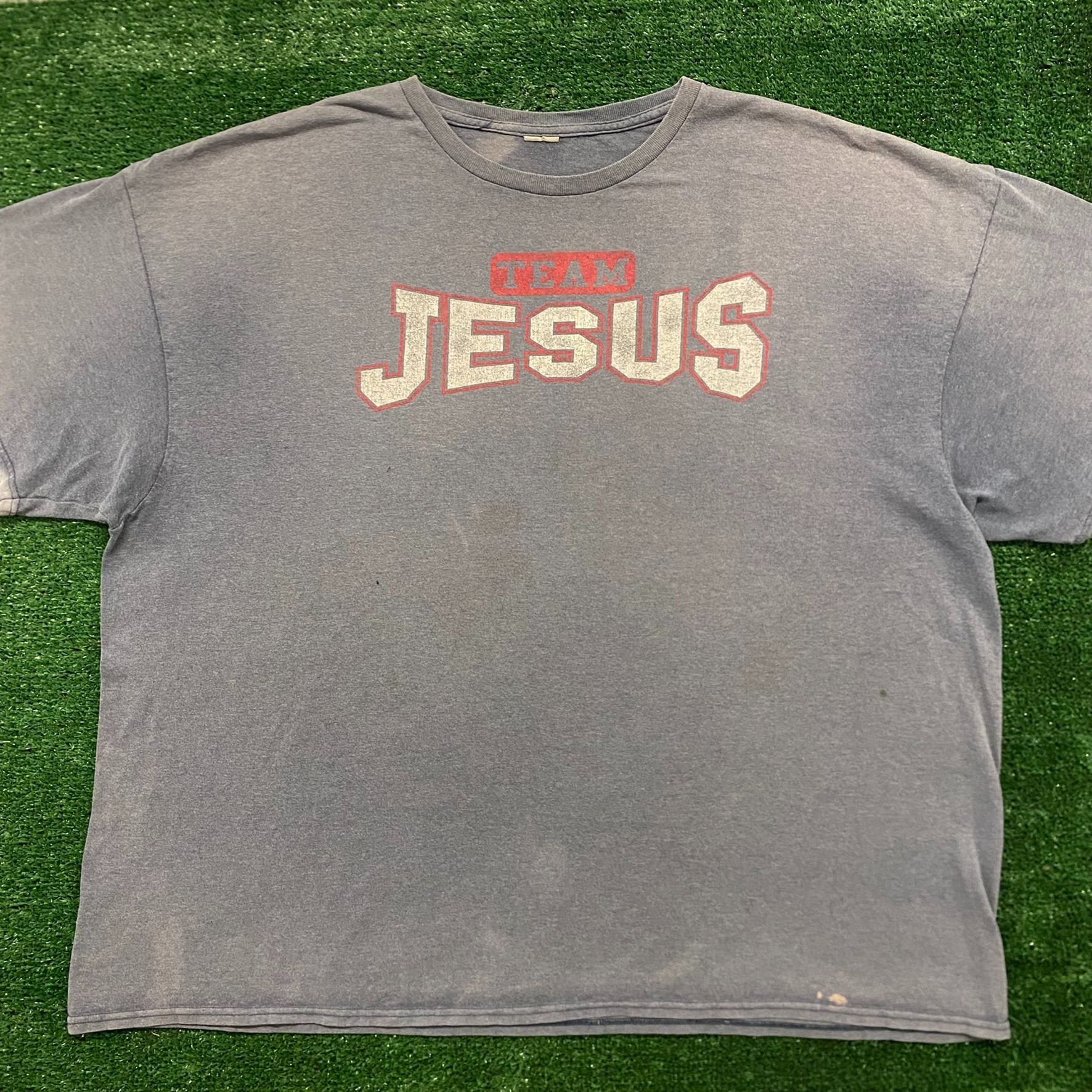 image of Vintage Y2K Faded Team Jesus Christ Religion Quote T-Shirt in Grey, Men's (Size 2XL)