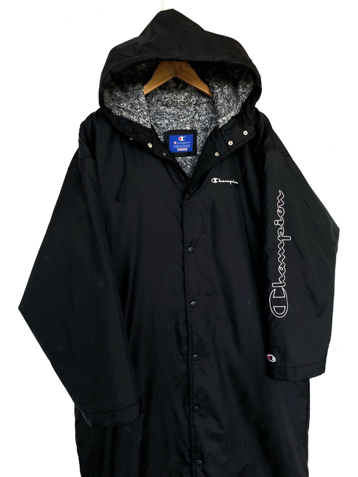 image of Champion C Logo Sherpa Lining Hoodie Long Jacket in Black, Men's (Size Large)