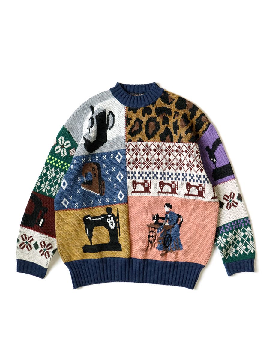 Kapital Kapital 5G Wool Sewing Machine Patchwork Crew Sweater Size US L / EU 52-54 / 3 - 1 Thumbnail