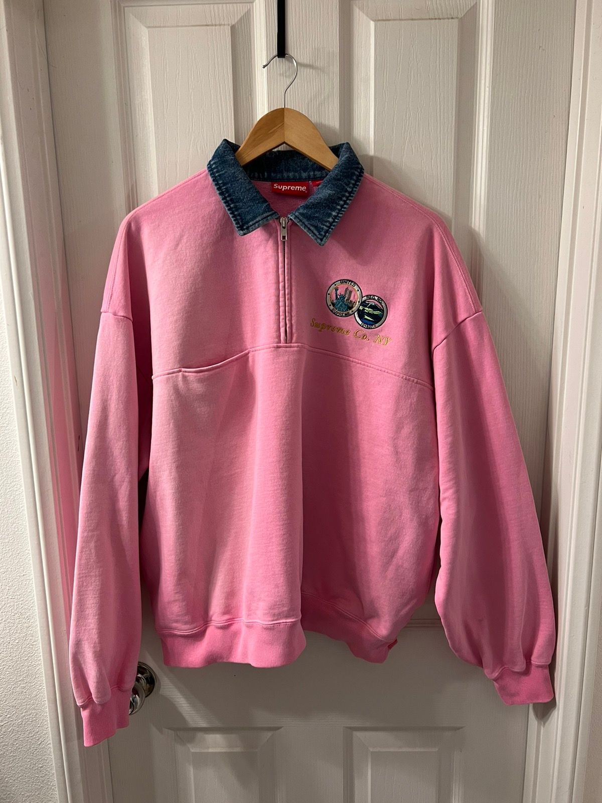 Supreme Supreme Denim Collar Half Zip Sweatshirt pink | Grailed