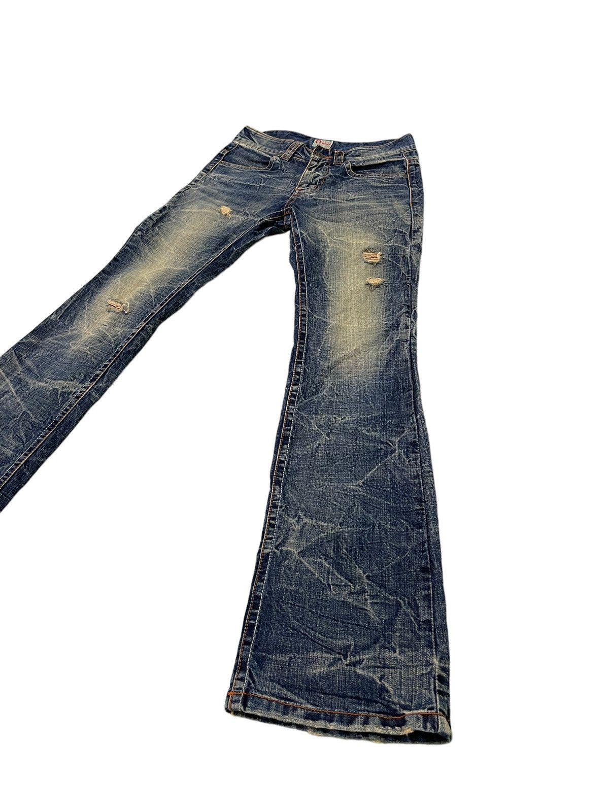 Japanese Brand Flare Jeans Ozz Pinball Distress Denim Acid Wash 1🟦8 Size US 29 - 3 Thumbnail