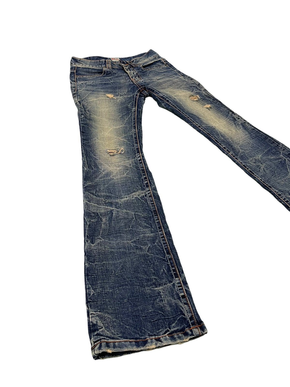 Japanese Brand Flare Jeans Ozz Pinball Distress Denim Acid Wash 1🟦8 Size US 29 - 1 Thumbnail
