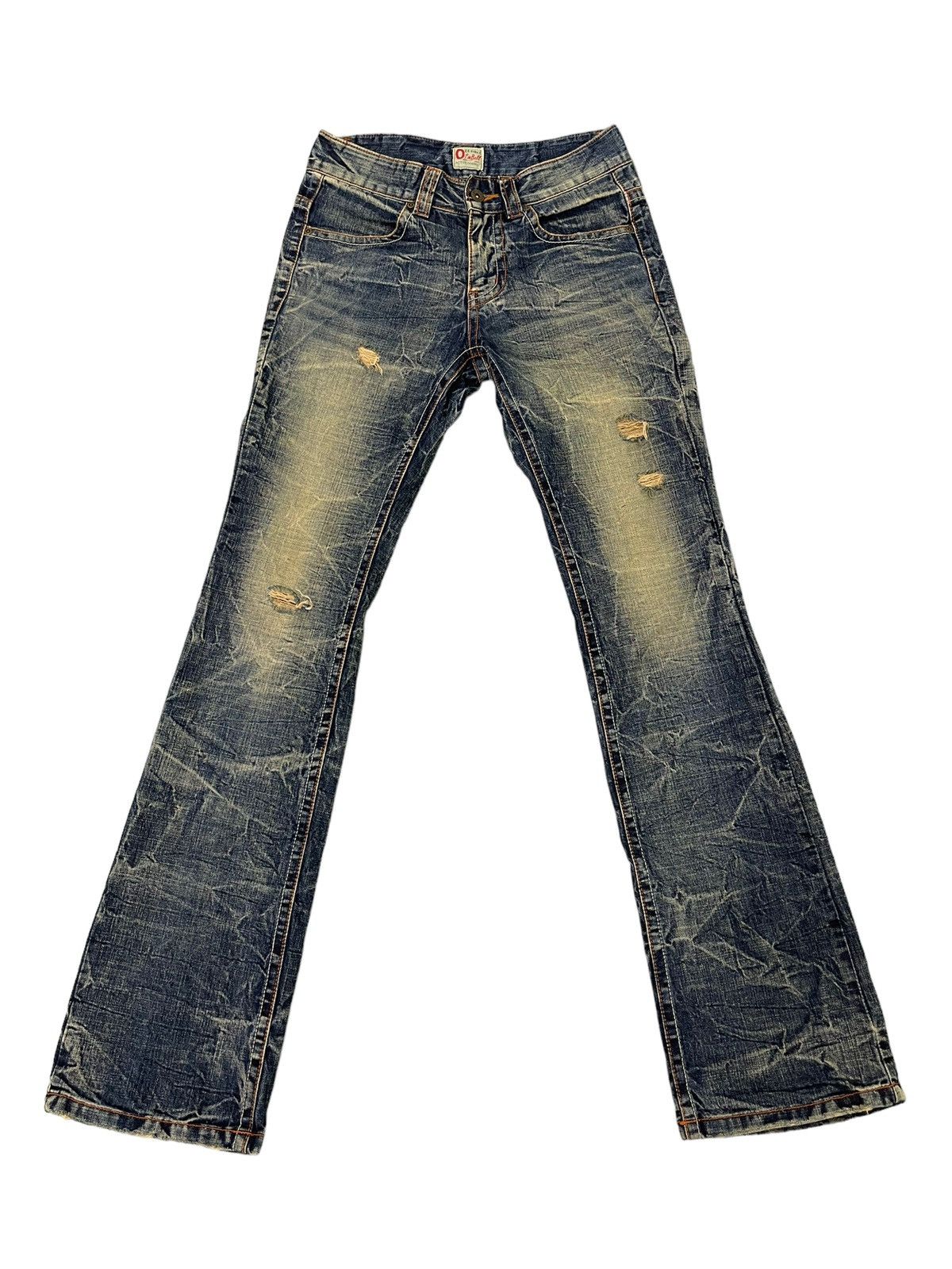 Japanese Brand Flare Jeans Ozz Pinball Distress Denim Acid Wash 1🟦8 Size US 29 - 2 Thumbnail