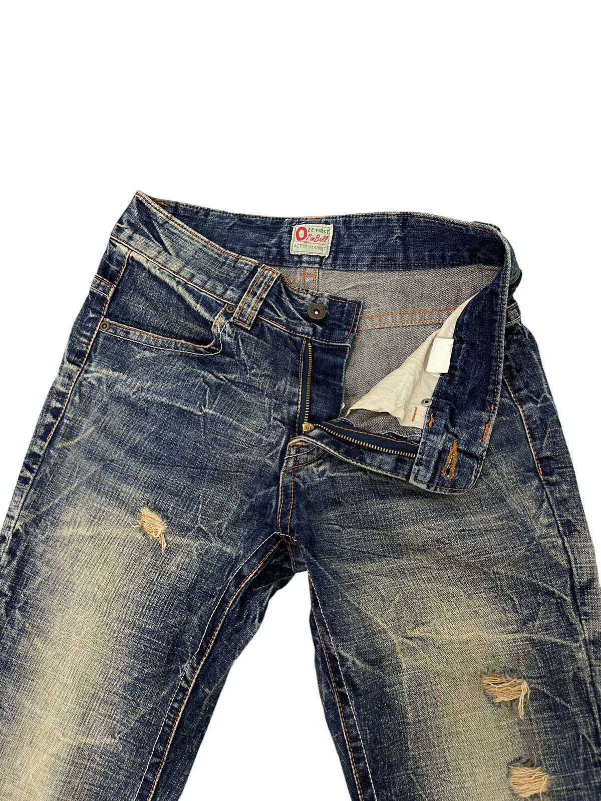 Japanese Brand Flare Jeans Ozz Pinball Distress Denim Acid Wash 1🟦8 Size US 29 - 11 Thumbnail