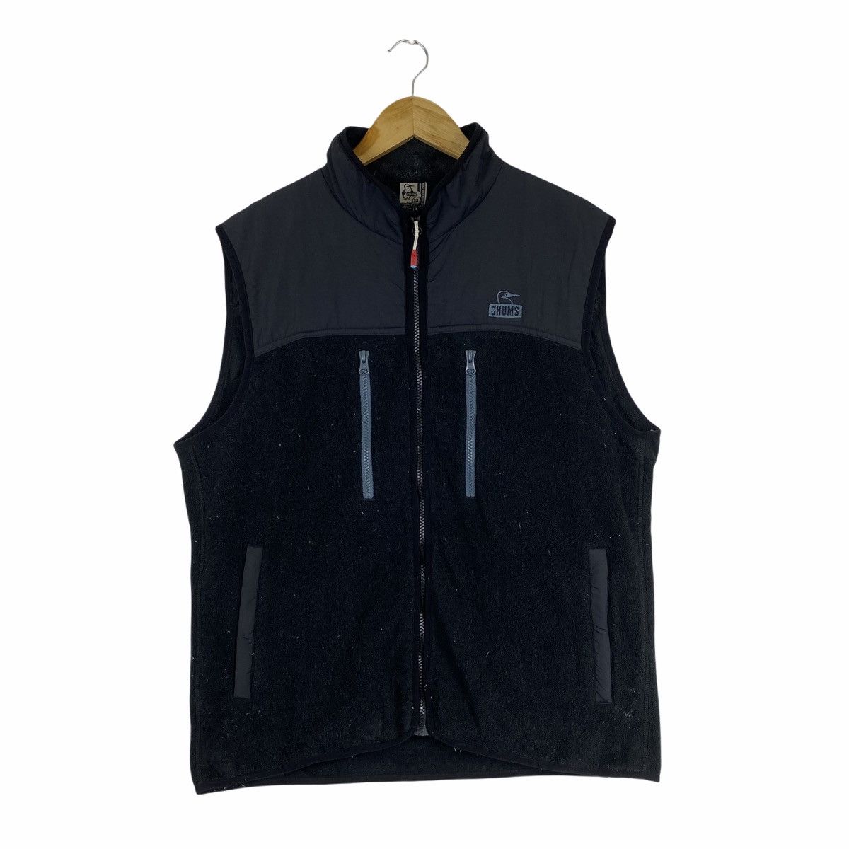 image of Vintage Chums Small Logo Fleece Vest Jacket Sleeveless in Black, Men's (Size Medium)