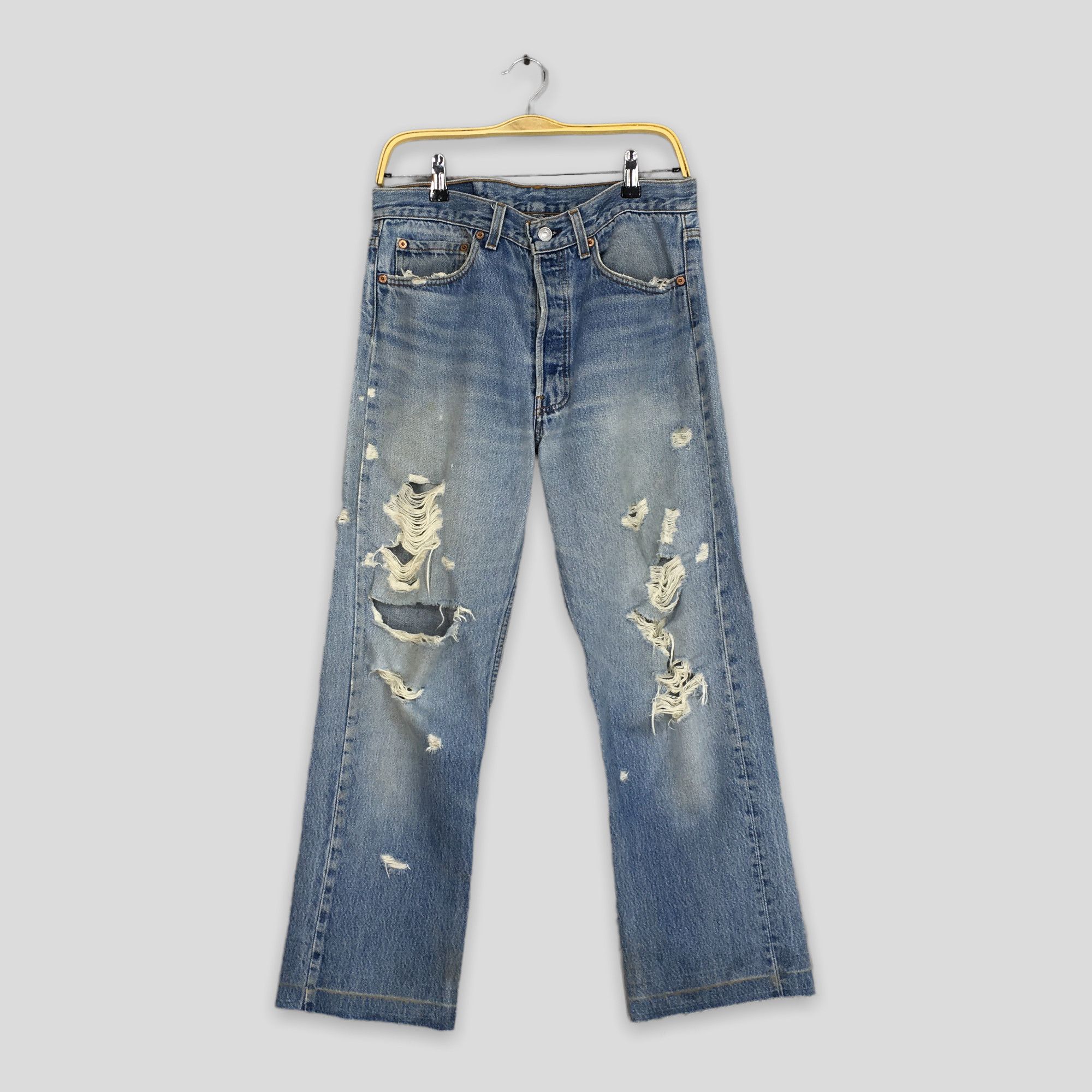 image of Distressed Denim x Levis Size 31X27 Vintage 90's Levi's 501 Distressed Ripped Jeans in Blue, Men's