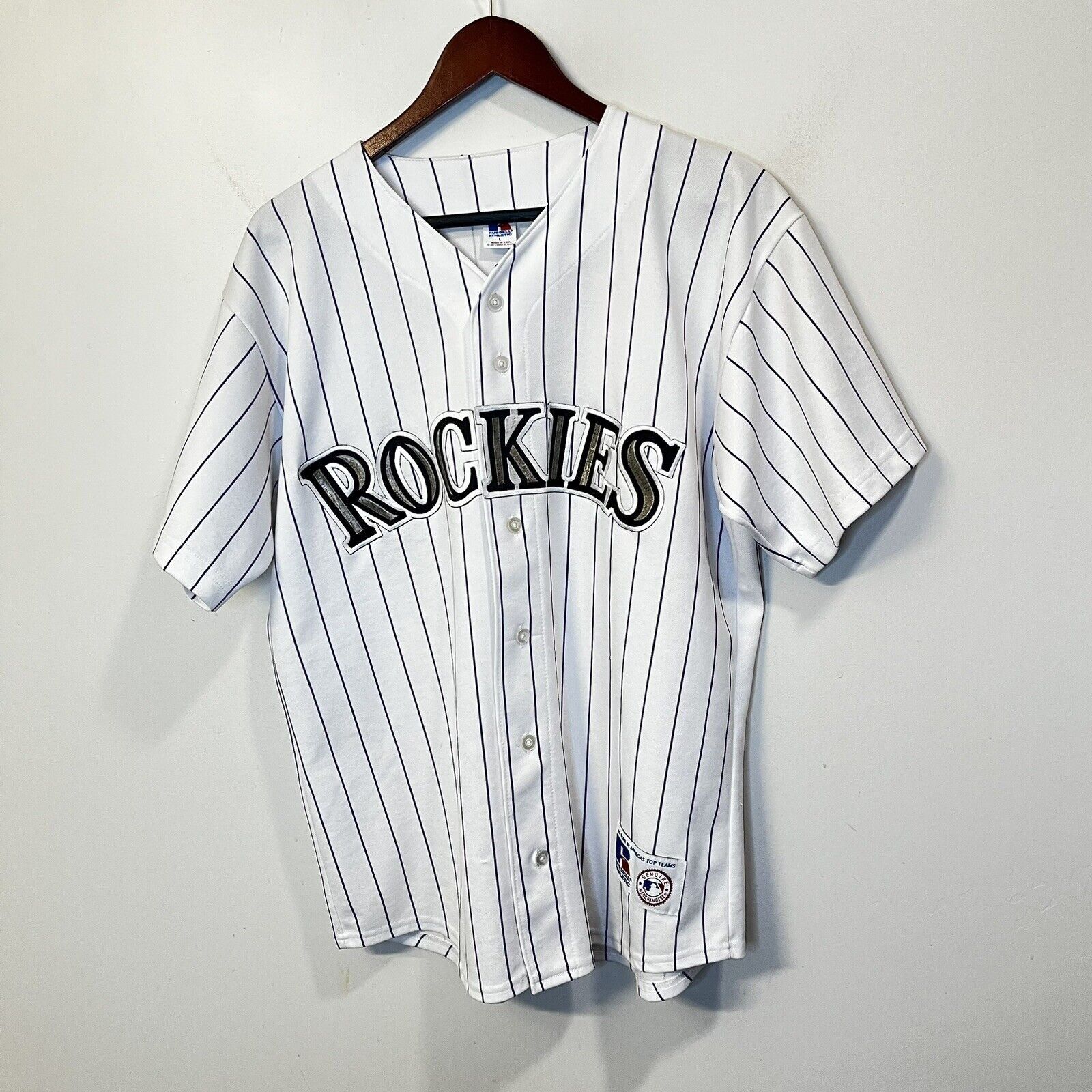 Vintage 90s Russell Athletic Pinstriped Colorado Rockies Baseball Jersey Sz  M/L