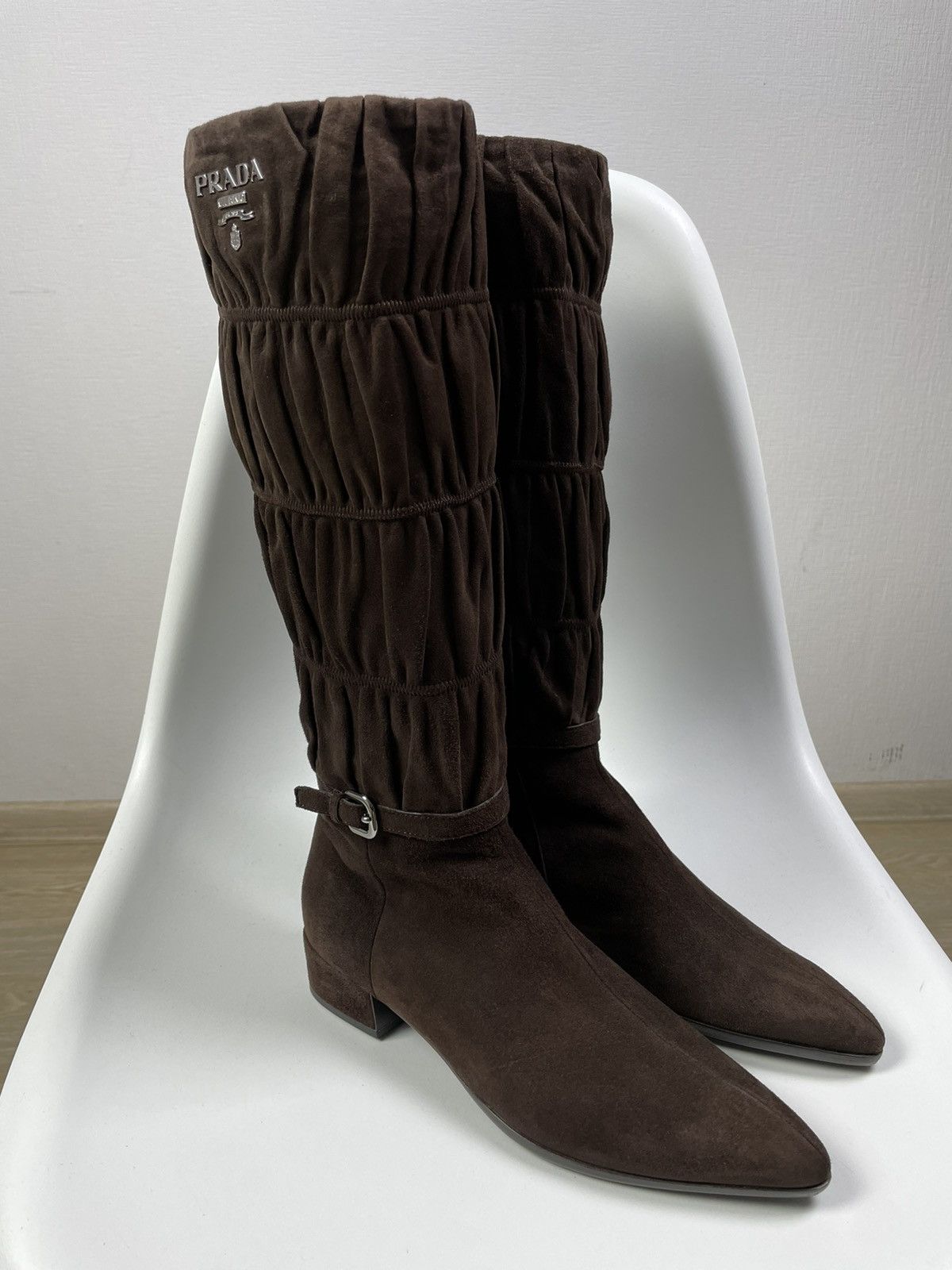 Prada Brown Suede Knee-High Bots Logo