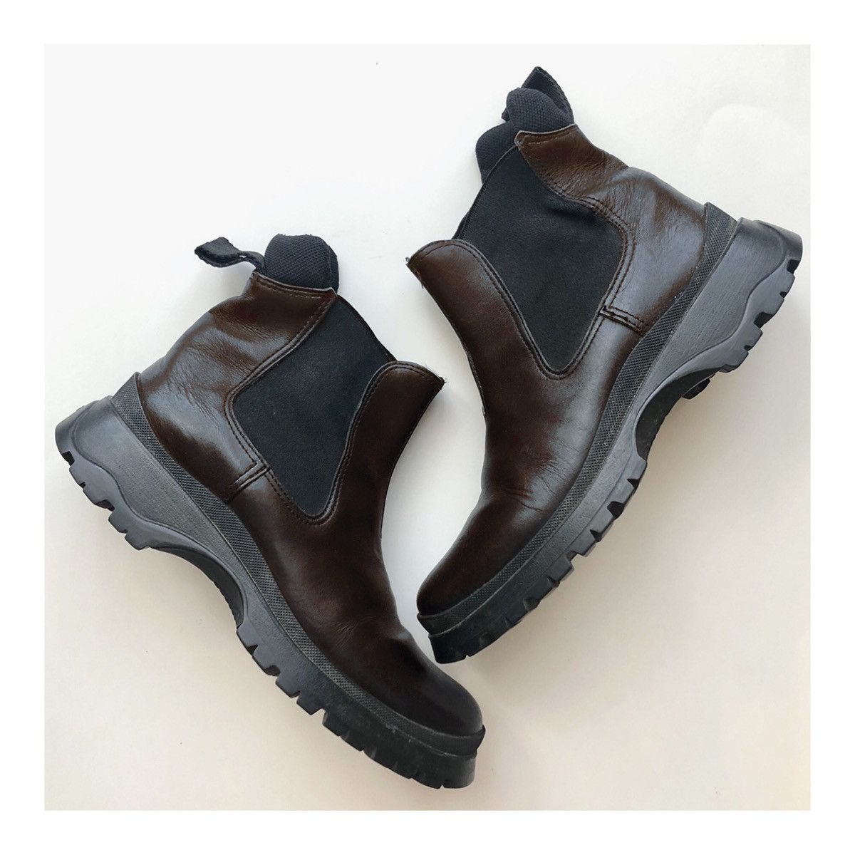 Leather x Prada Boots Brown Shoes Vintage 1999 Tractor Combat, Women's (Size 6.5)